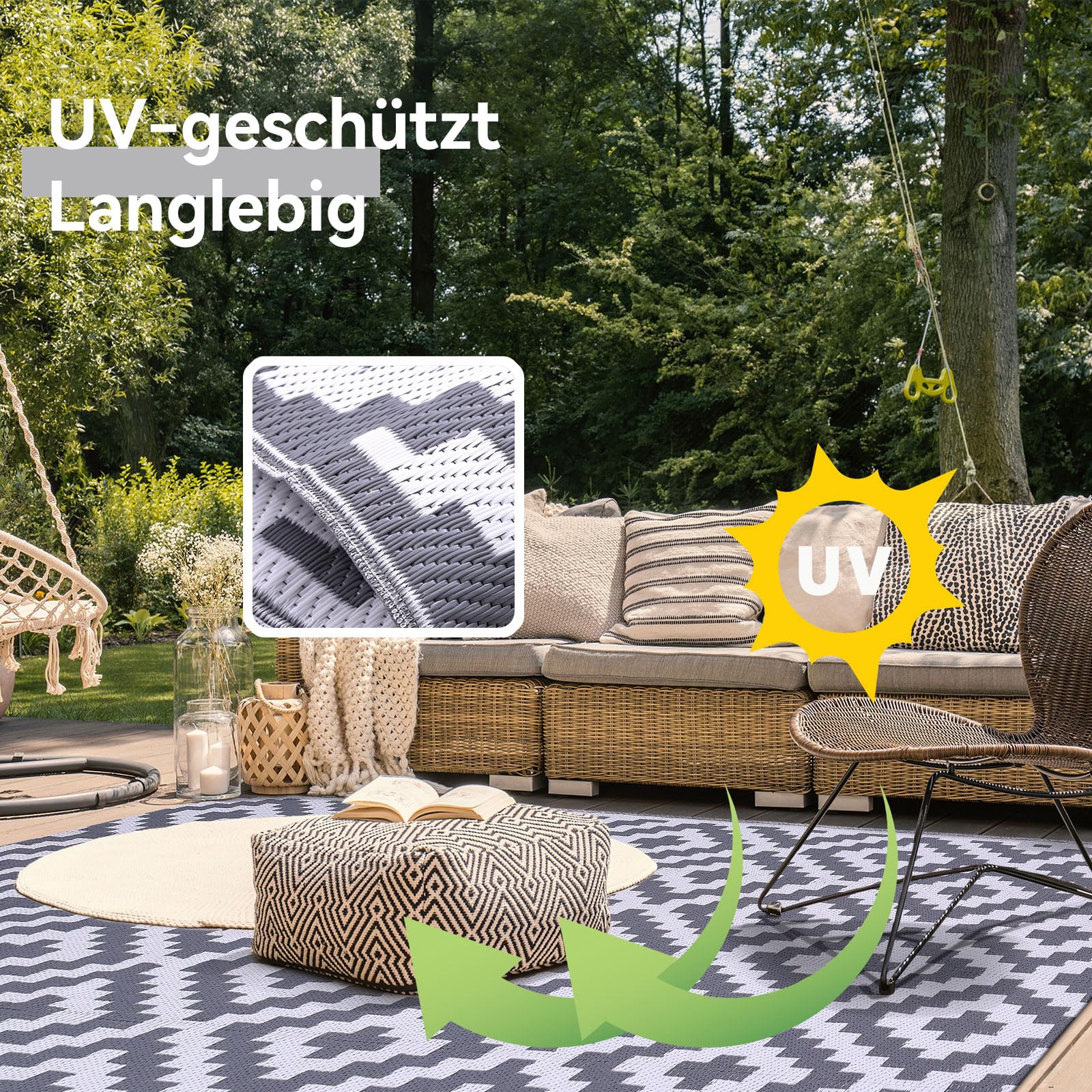 Homaxy Outdoor Teppich Wetterfest, Kunststoff Stroh UV-beständig Wendbar Faltbar Waschbar Balkon Garten Teppich für Terrasse Camping Picknick (120 x 180 cm, Grau & Weiß)