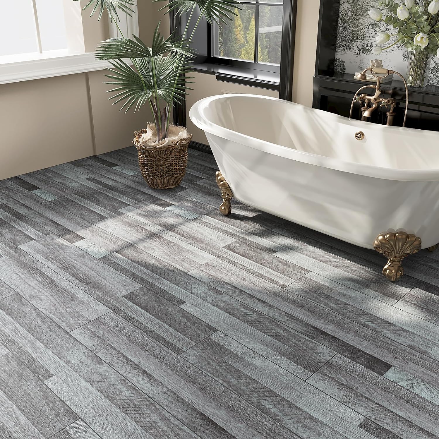 VEELIKE Grey Vinyl Plank Flooring Waterproof Peel and Stick Floor Tile for Bathroom Kitchen Bedroom 16-Pack 24 Sq. Ft. Wood Laminate Flooring Peel and Stick Vinyl Floor Tiles for Living Room 6''x36''