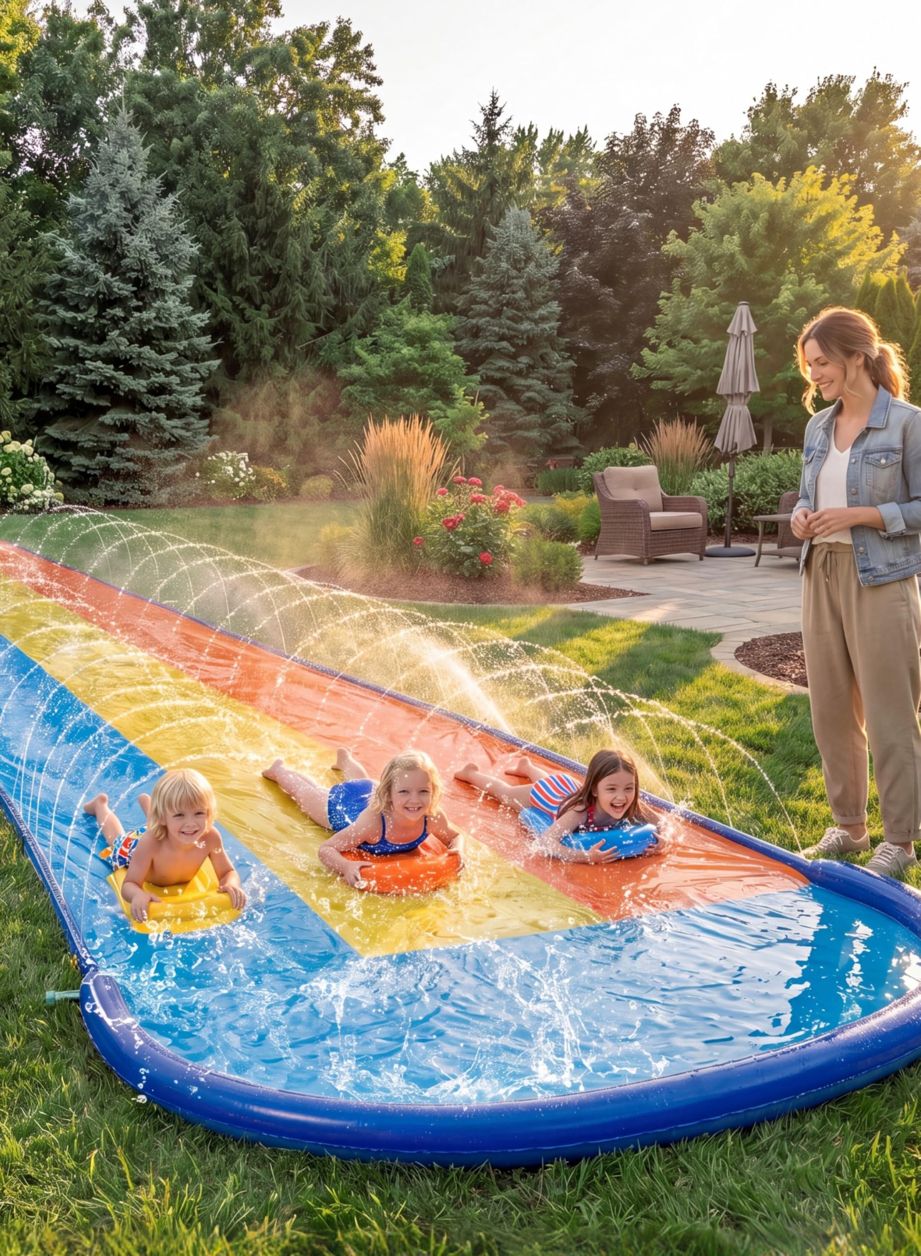 Sloosh 18ft/548cm Tobogán Triple con 3 Tablas, tobogán acuático para césped con rociador para niños y Adultos, Juguete de Verano para diversión al Aire Libre