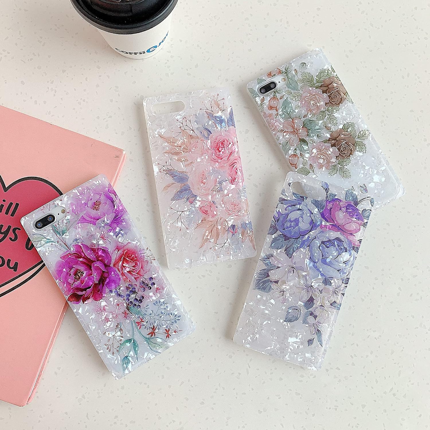 WEDO Compatible with iPhone 8 Plus, iPhone 7 Plus, Square Case Bling Shell Pattern Design Soft Silicone Shockproof Bumper Cover for Women Girls (Blue Flower)