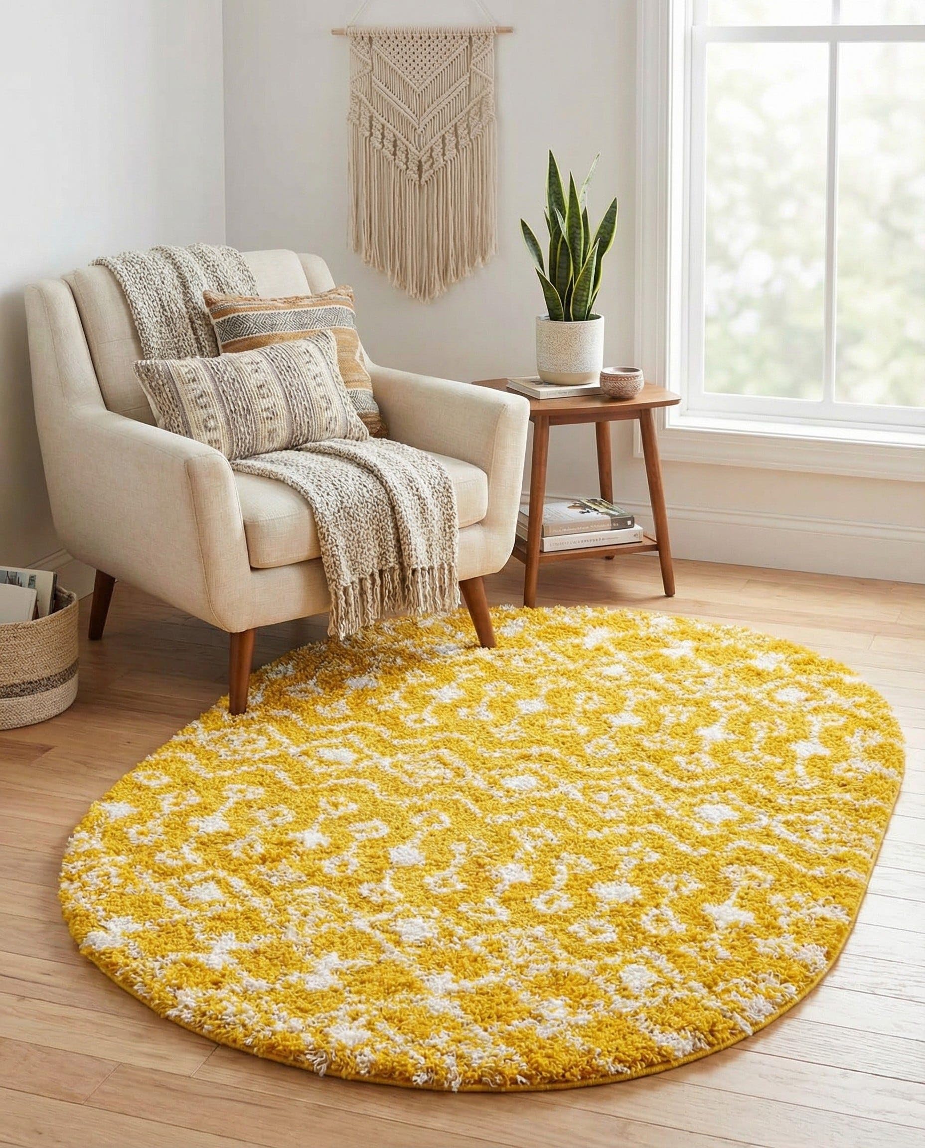 Rugs.com - Moroccan Trellis Shag Rug – 4' 1 x 6' 1 Oval Yellow Shag Rug – Plush Comfort for Living Rooms, Bedrooms, and Cozy Nooks