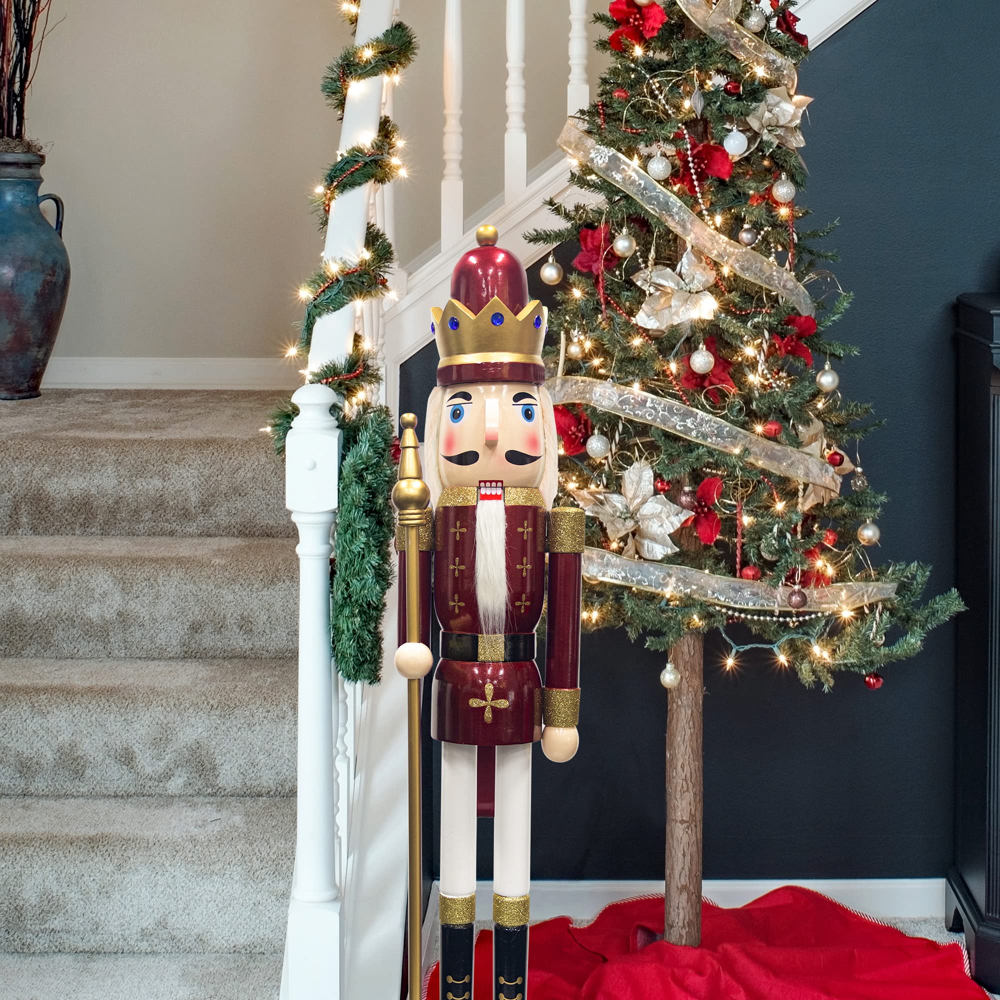 Casse Noisette Noel geant 120 cm Grand XXL Rouge Roi Soldat Casse-Noisette de Noël en Bois Grandeur Nature avec Support Décoration de Noël