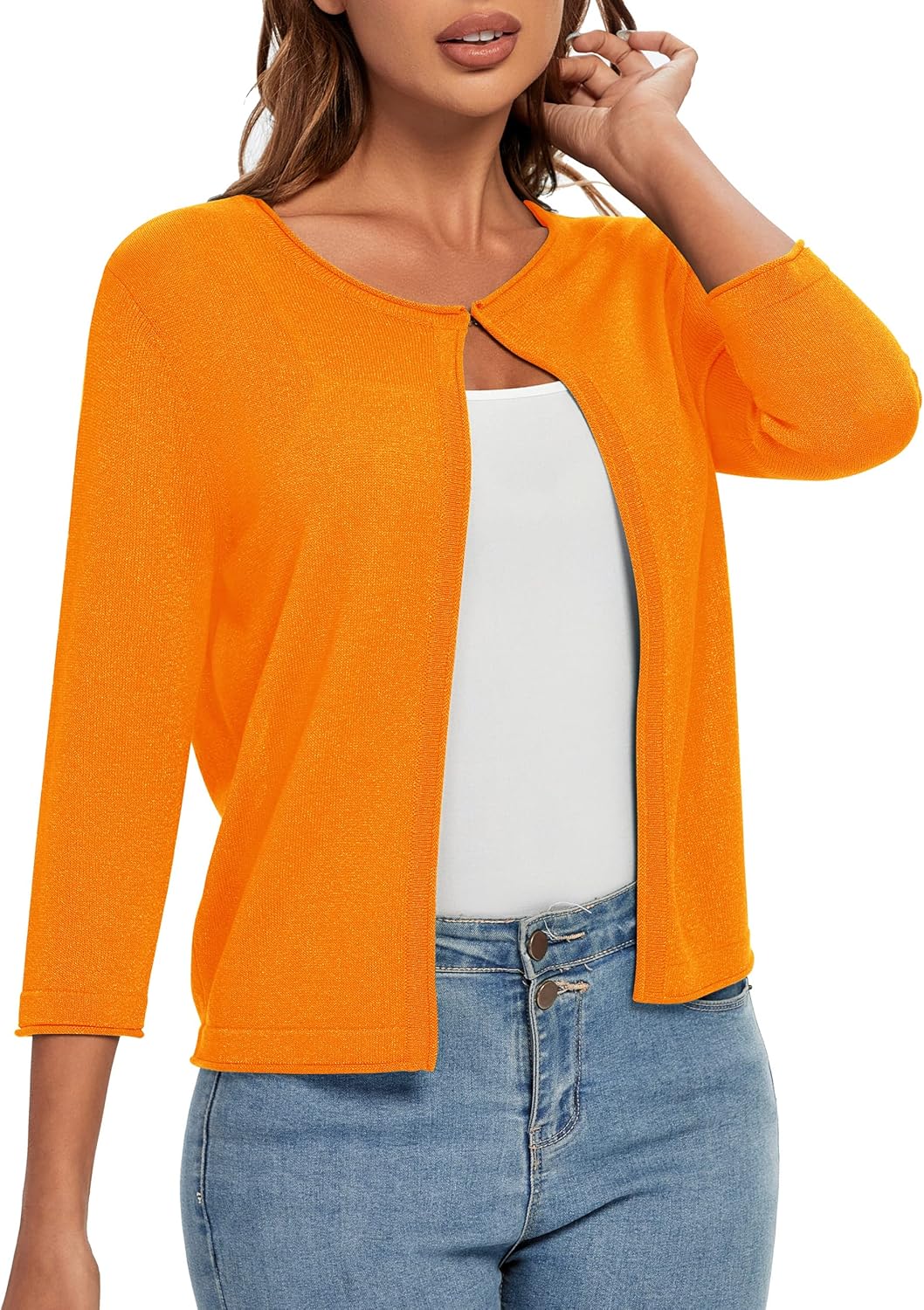 Urban CoCo Women's 3/4 Sleeve Open Front Shrugs Lightweight Crew Neck Cardigan Sweater - Image 2