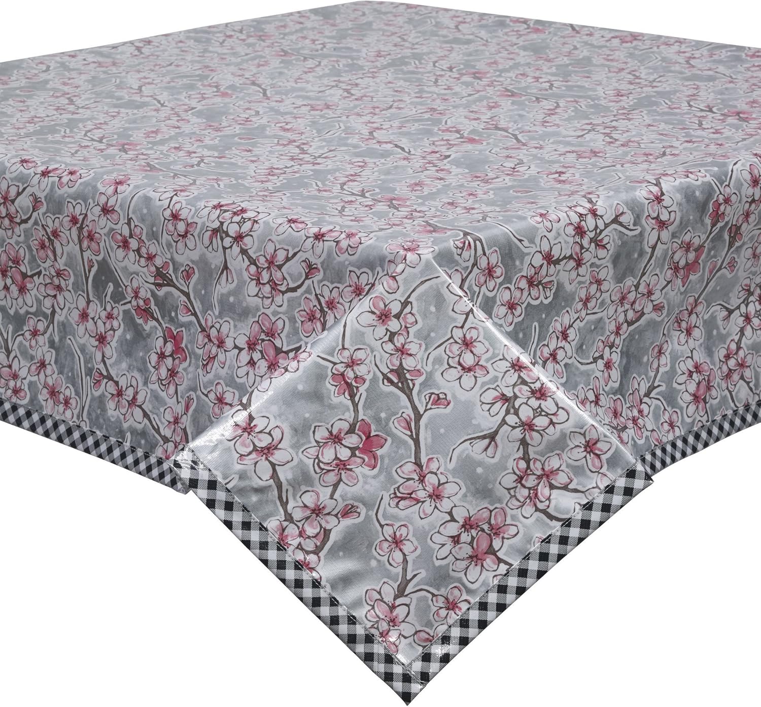 Cherry Blossom Silver Oilcloth Tablecloth with Black Gingham Trim You Pick The Size