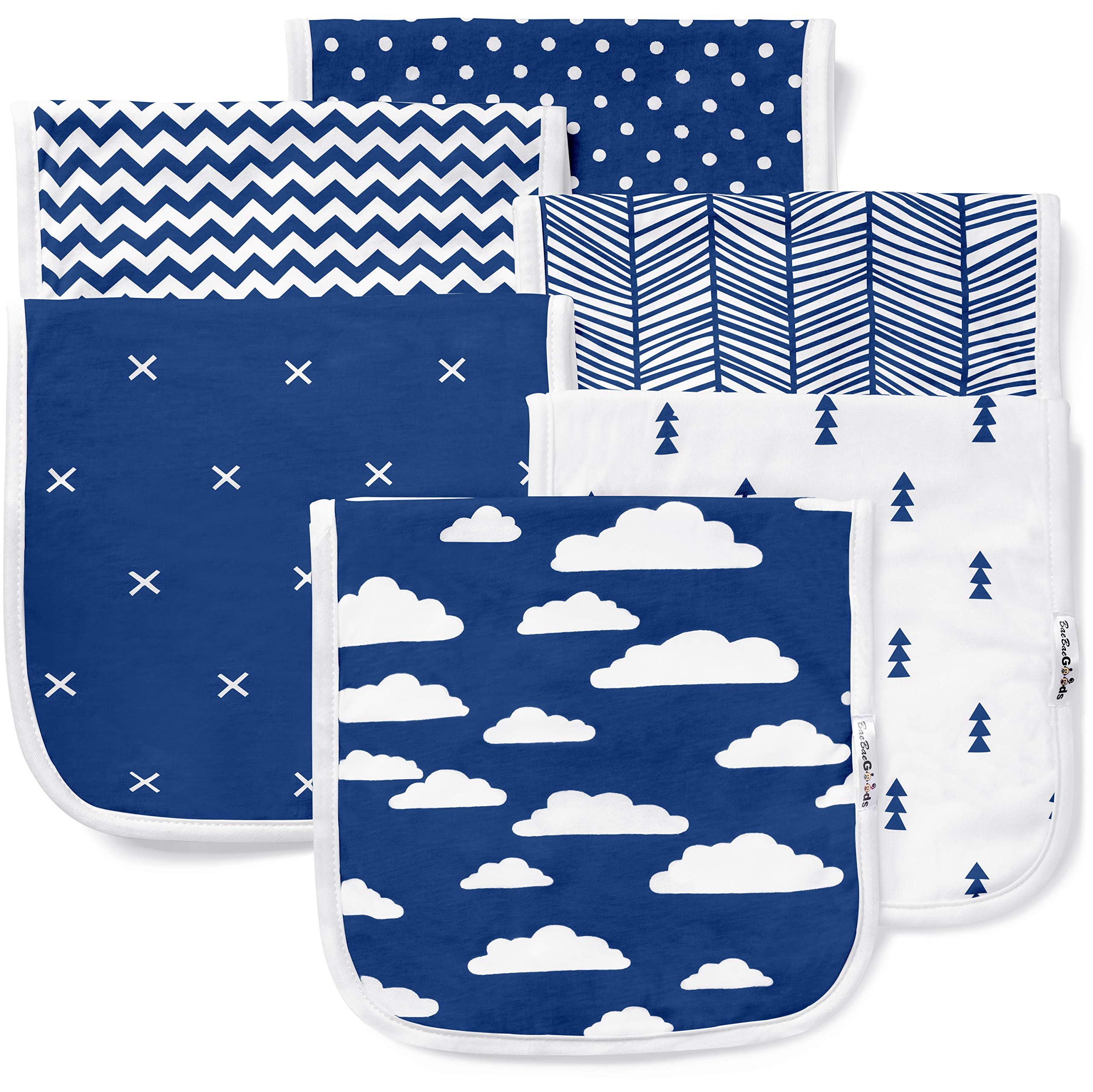 Burp Cloths Set for Babies (6 Pack), Navy Clouds Super Soft Cotton, Large 21"x10", Thick, Soft and Absorbent Towels, Burping Rags for Newborns, Baby Shower Gift for Boys and Girls by BaeBae Goods