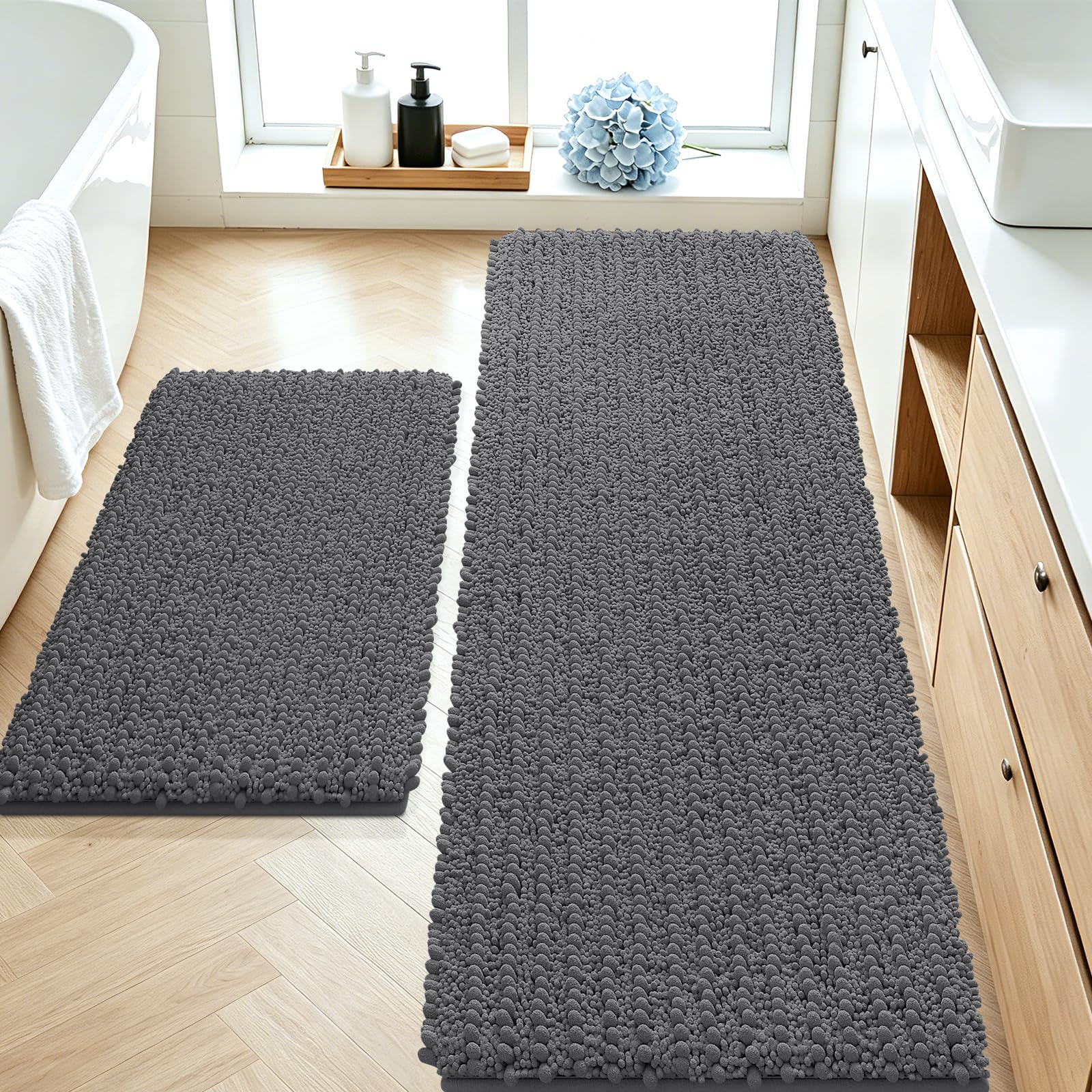 ACCUMTEK Upgrade Luxury 2 Piece Dark Gray Toilet Bathroom Rug Mat 60"x20"+32"x20", Ultra Soft Thick Absorbent Bath Mats, Non Slip Chenille Toilet Mat for Bathroom, Bedroom, Kitchen, Shower, Tub