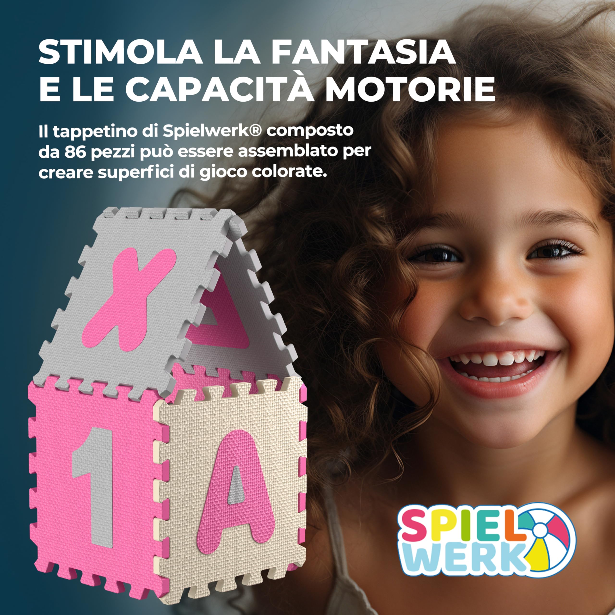 Spielwerk® Tappeto Puzzle XXL 86 Pz per Bambini 3,3m² Tappetino per Gattonare Lettere Numeri Apprendimento Gommapiuma