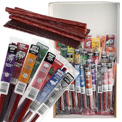 Jerky Dynasty The Ultimate 27-Piece Exotic Jerky with Gift Box - Buffalo Bob's Wild Game Jerky Variety Pack - Exclusive Flavors & Protein Snack - Farm Raised - Original + Gift Box