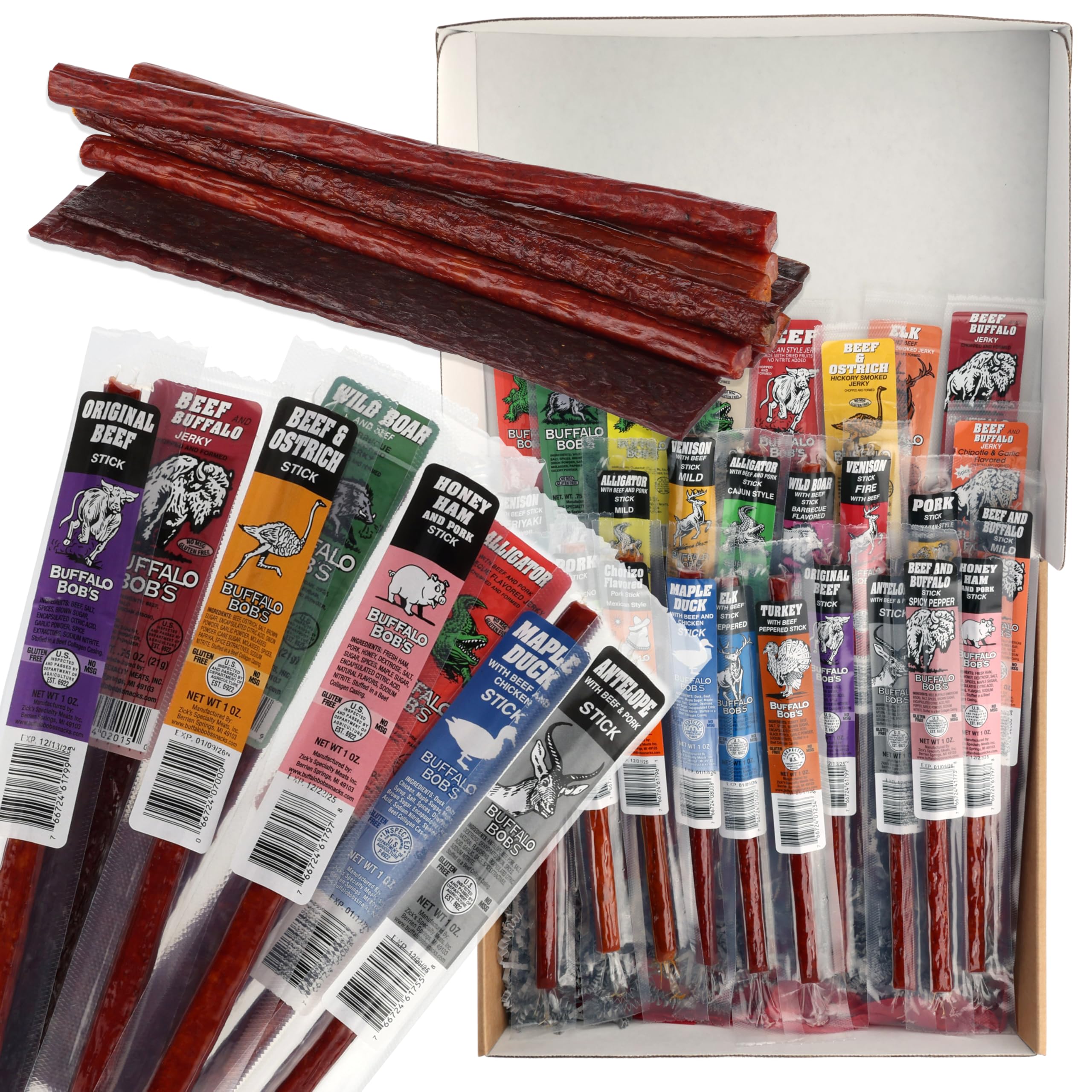 Jerky Dynasty The Ultimate 27-Piece Exotic Jerky with Gift Box - Buffalo Bob's Wild Game Jerky Variety Pack - Exclusive Flavors & Protein Snack - Farm