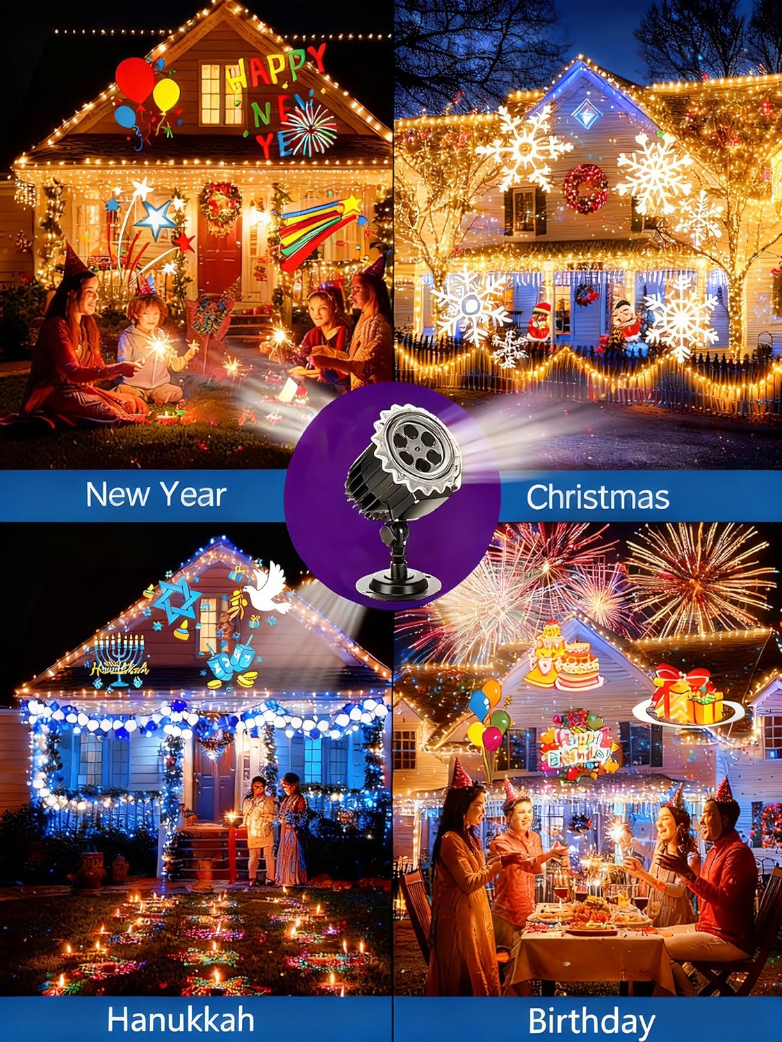 Hanukkah Projector Lights Outdoor with 4 Film Slides, LED Menorah Projection Lamp Waterproof Rotating Holiday Decorative Light for Home Yard Garden Party Decor