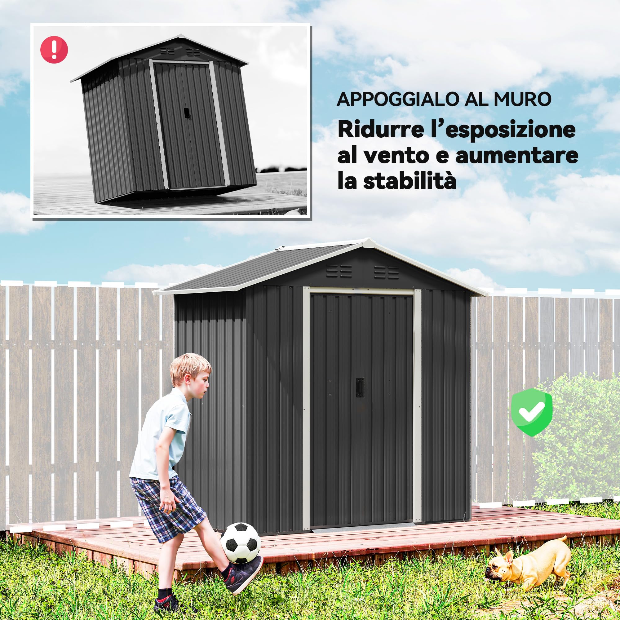 Outsunny Casetta da Giardino 1.8m² Prese d'Aria 194x107x191 cm Grigio Scuro | Acciaio Zincato, Capanno Porta Attrezzi, Doppia Porta Scorrevole Bloccabile, Tetto Inclinato, Guanti