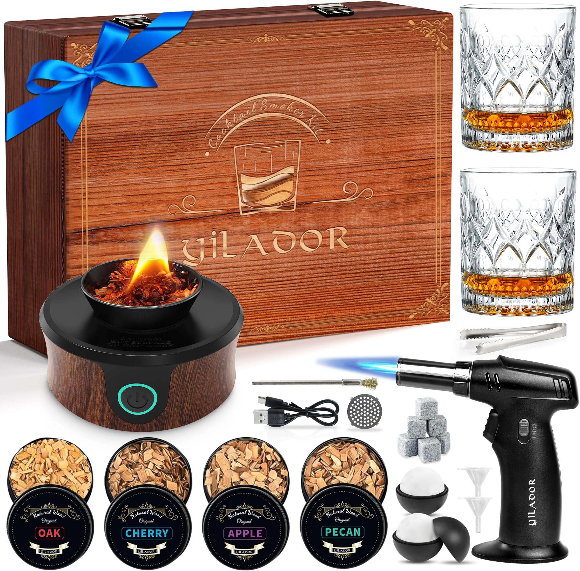 Electric Whiskey Smoker Kit, Luxurious Wooden Box, with 4 Wood Chips, Torch, Ice Molds, 2 Glasses, Stones, Old Fashioned Bourbon Cocktail Smoker Infuser Kit, Whiskey Gifts for Men, Husband (No Butane)