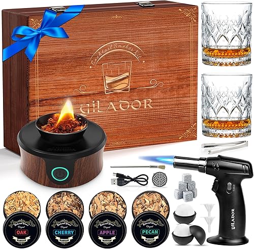 Vista 9 de Kit de ahumador de whisky eléctrico con antorcha, los mejores regalos de whisky para hombres, 6 astillas de madera – Infundir ricos sabores ahumados