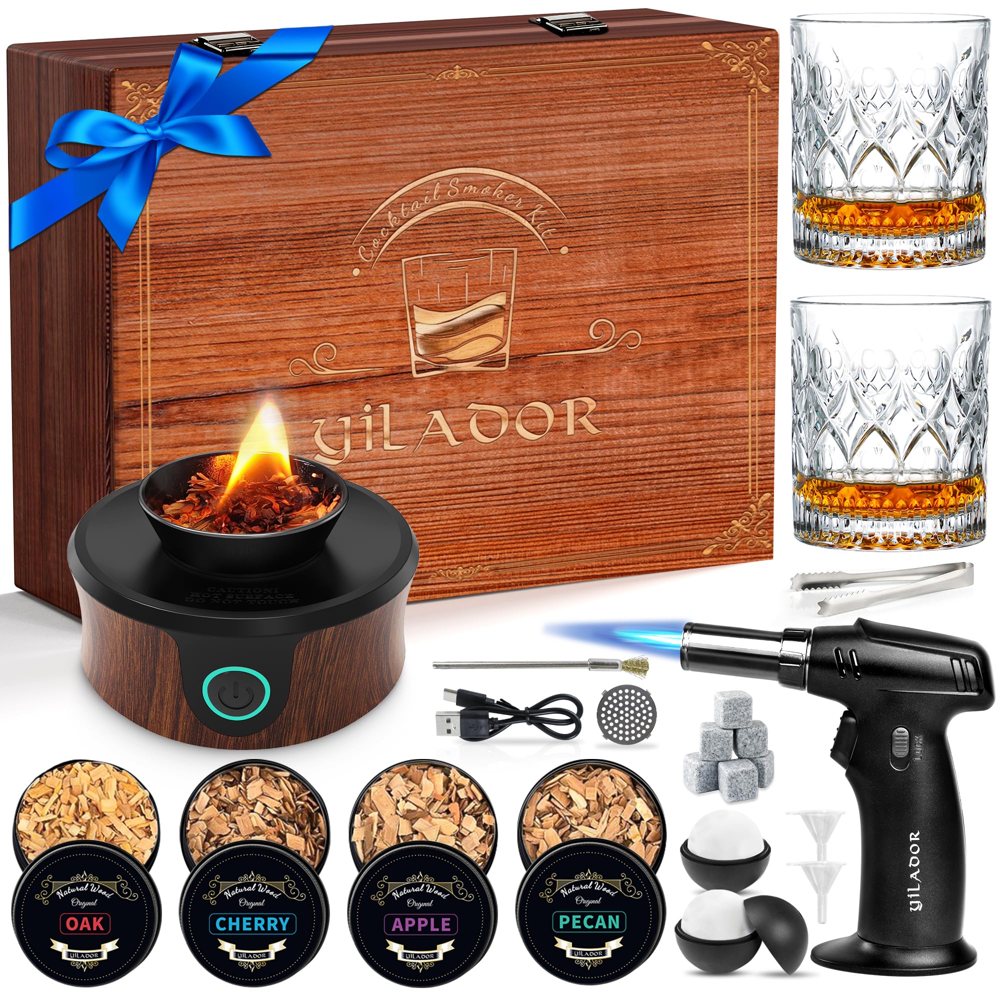 Electric Whiskey Smoker Kit, Luxurious Wooden Box, Heartfelt Christmas Gifts, with 4 Wood Chips, Torch, Ice Molds, Recipe, Stones, Old Fashioned Bourbon Cocktails Smoker, Gifts for Men (No Butane)