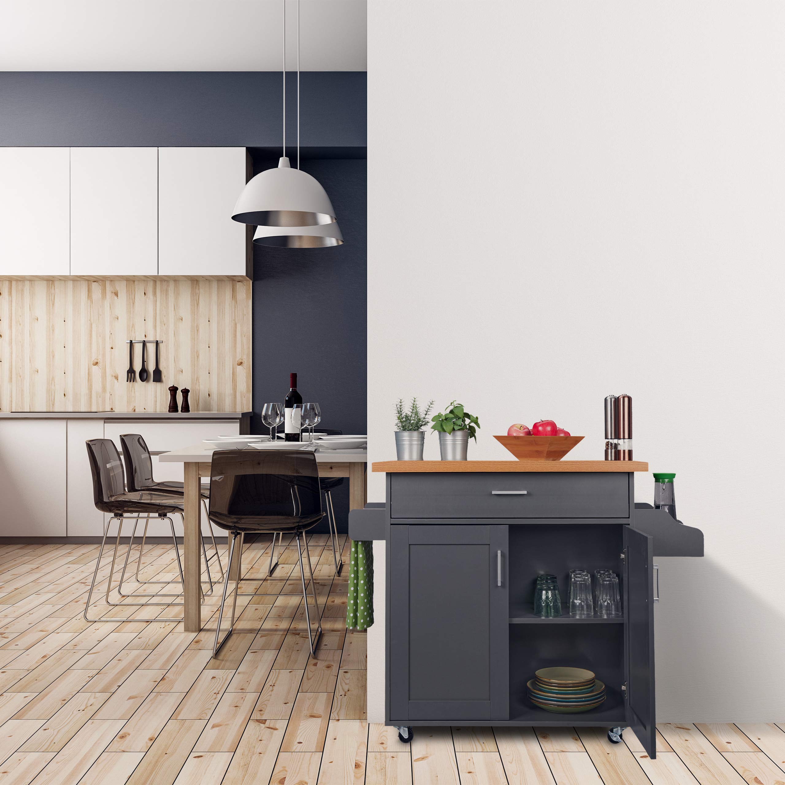 Relaxdays Carrello da Cucina con Cassetti, Piano di Lavoro, 2 Scomparti, Porta Spezie & Asciugamani, Grigio/Naturale