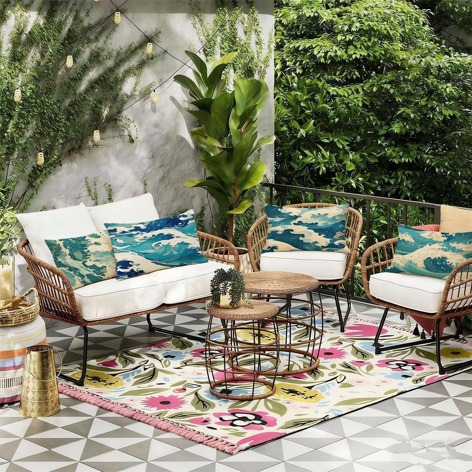Generisch Outdoor Kissen Wetterfest 50x90cm Landschaft Dekokissen Kissenbezüge Welle Kissenhülle Sommer Sofakissen für Wohnzimmer Schlafzimmer Garten Dekorative 4er Set. R-5393