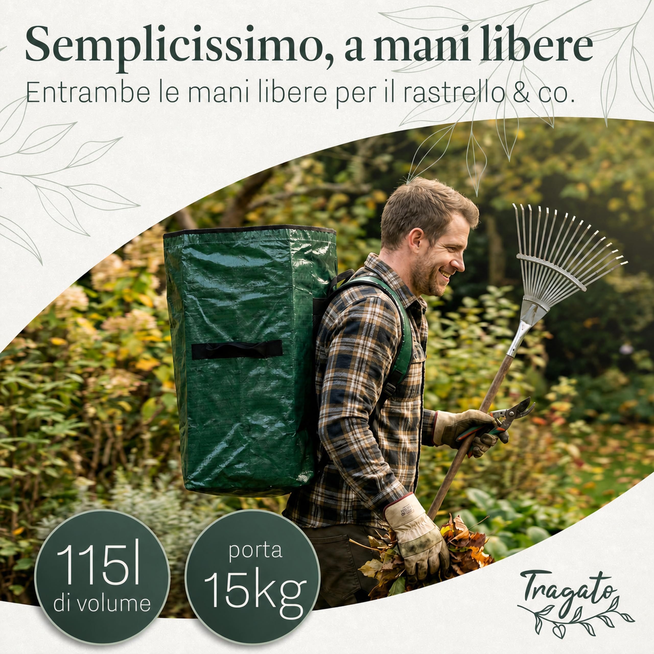 Sacco per Rifiuti da Giardino 115 L – Mani Libere, Autoportante | Mani libere col sistema di trasporto a zaino imbottito | 115 L | autoportante e riutilizzabile | tessuto PP resistente