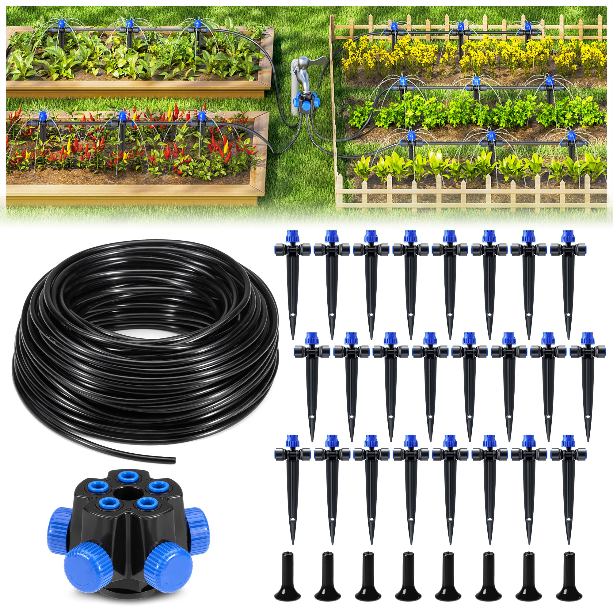 HIRALIY Kit di irrigazione a goccia per aiuole rialzate e giardini da 30 m | Sistema di irrigazione da giardino con splitter a 5 vie e gocciolatori regolabili per terrazze, giardini e piante in vaso