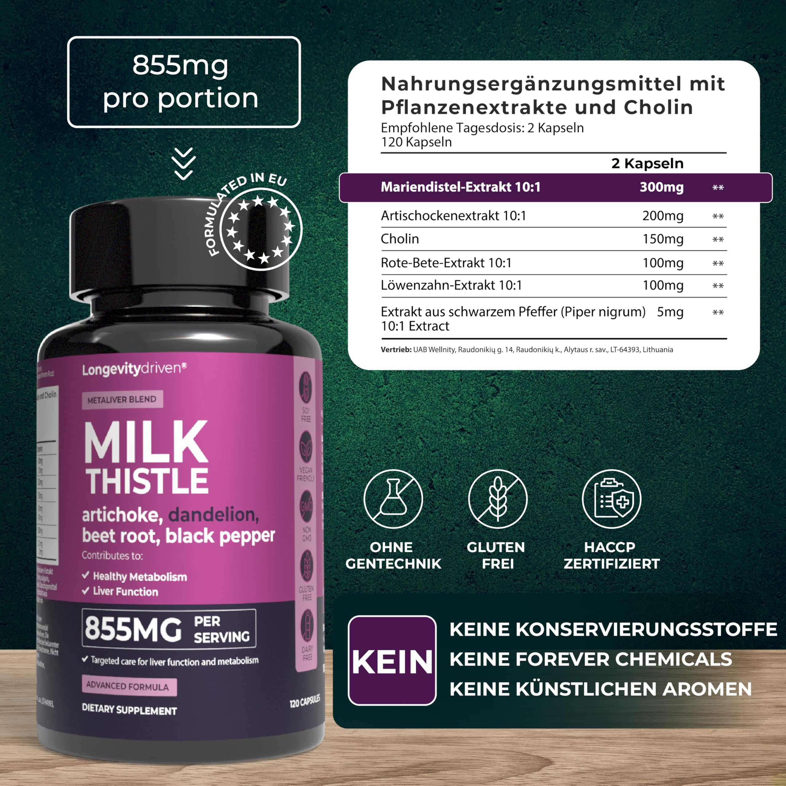 Mariendistel Leber-Komplex Hochdosiert mit Silymarin, Cholin & Artischocke | Cholin trägt zur normalen Leberfunktion & zum Fettstoffwechsel bei; mit Löwenzahn, Rote Bete & Piperin; 120 vegane Kapseln