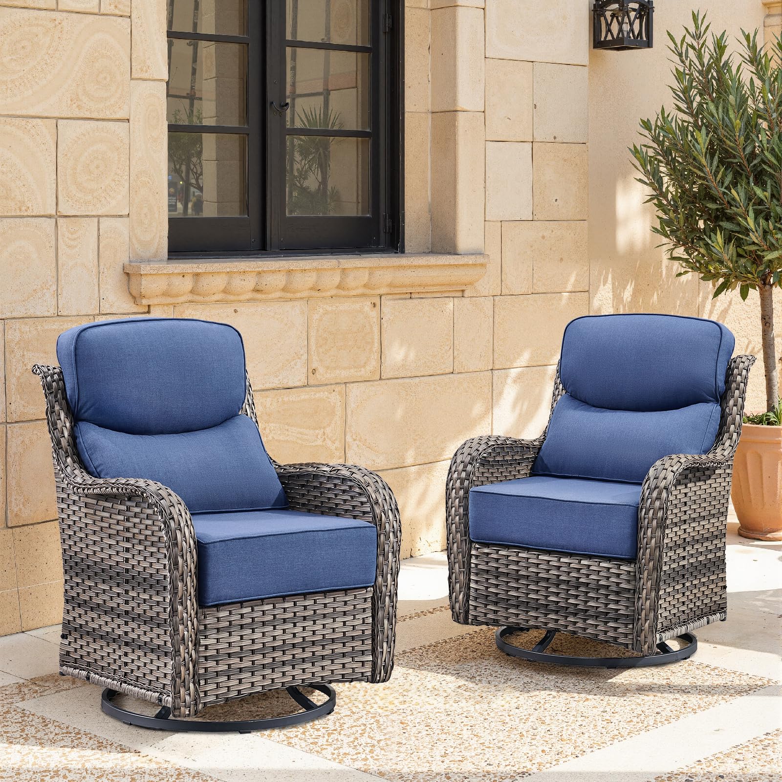 Swivel Patio Chairs sofa Set of 2 with 6" Thick Cushion - Wicker Outdoor Swivel Rocker Patio Chair ,Sofa/Glass coffee table, High Back Comfortable Outdoor Glider Chairs - Grey Wicker | Blue Cushions