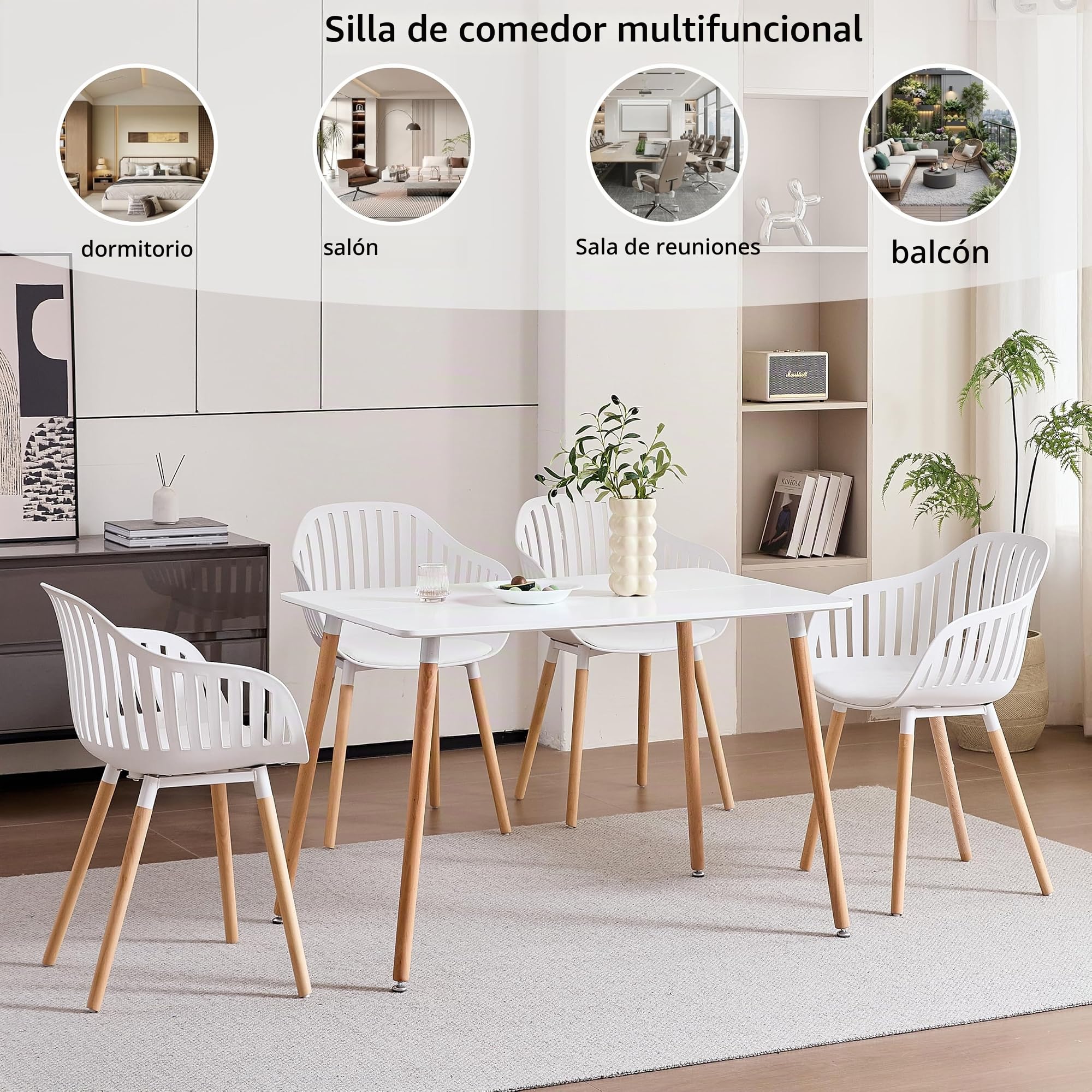 Juego de 4 Sillas de Comedor, Silla de Cocina con Cojines y Reposabrazos de Cuero, Silla con Respaldo Hueco, Adecuada para Sala de Estar, Cocina, Patio - Blanco