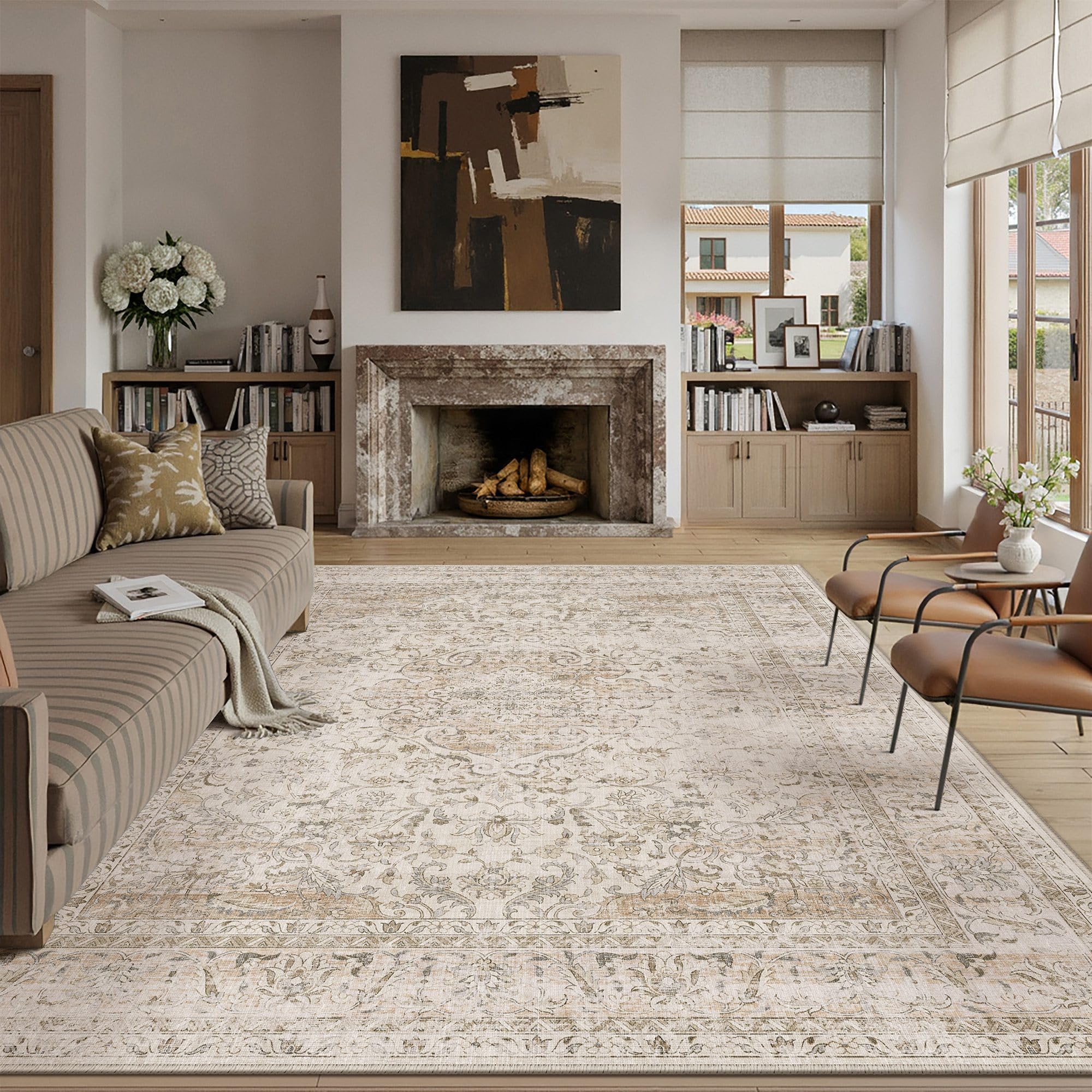 wondrg 8x10 washable area rug beige vintage non slip soft low pile rug for living room bedroom dining room office distressed oriental indoor large throw carpet for home decor