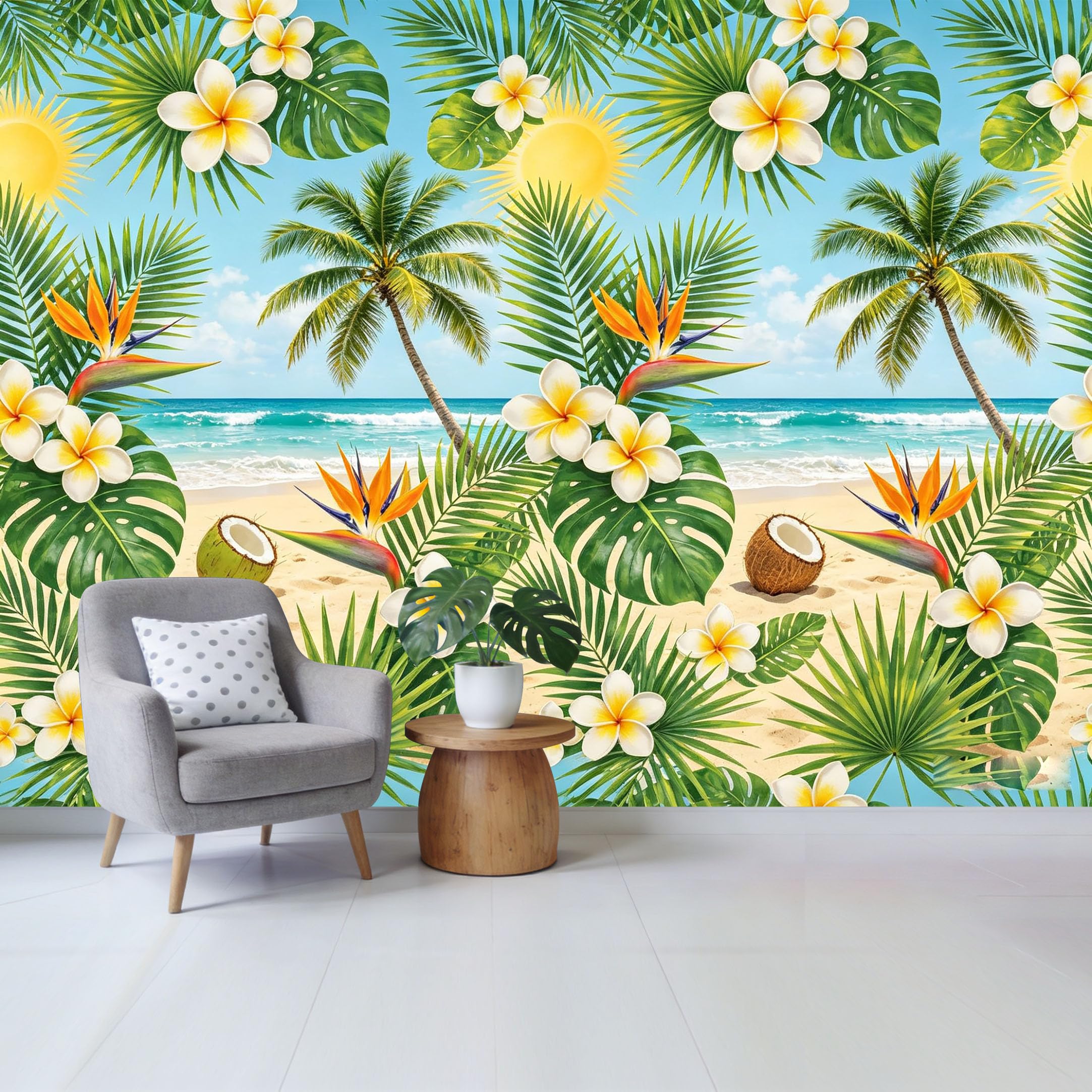 Qzlithotic Yq2605250543 Custom Size Wall Mural Tropical Beach Paradise Plumeria Flower Palm Leaf Pattern Selfadhesive Wall Fabric Removable Wallpaper For Home Office Decor