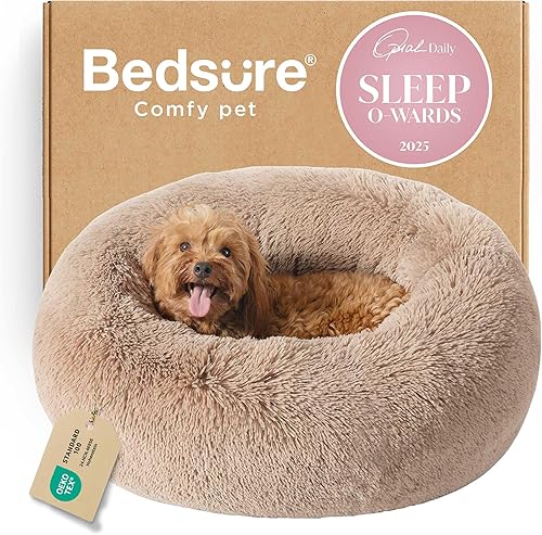 Bedsure - Cama relajante para perros pequeños y medianos, lavable, mediana, tipo dona, antideslizante, redonda, afelpada, mullida, de piel