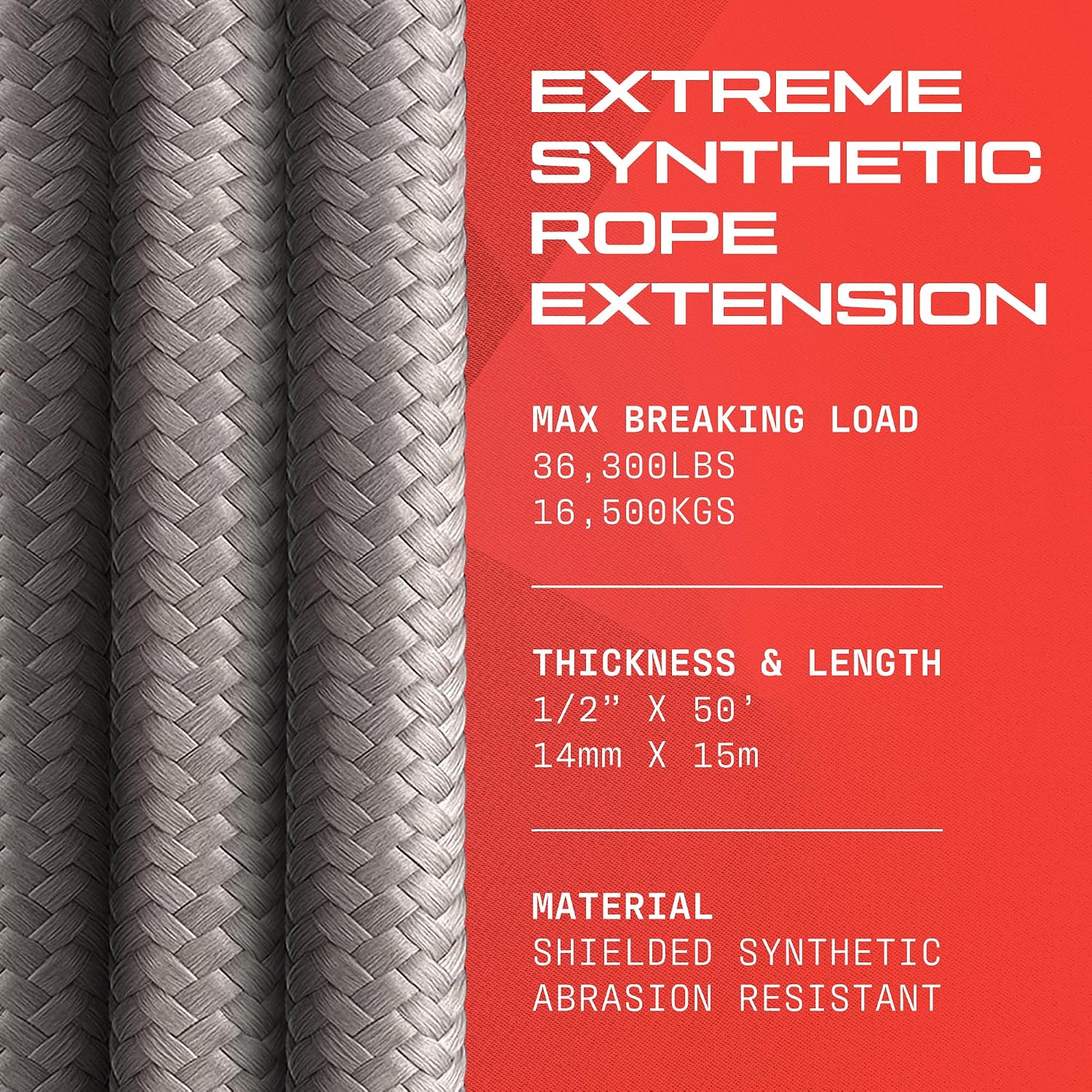 Extreme Synthetic Rope Winch Heavy Duty Tow Rope, 9/16" x 50' Winch Cable, 16500KG Load – Ultimate Winch Rope Kit, for Car, Truck