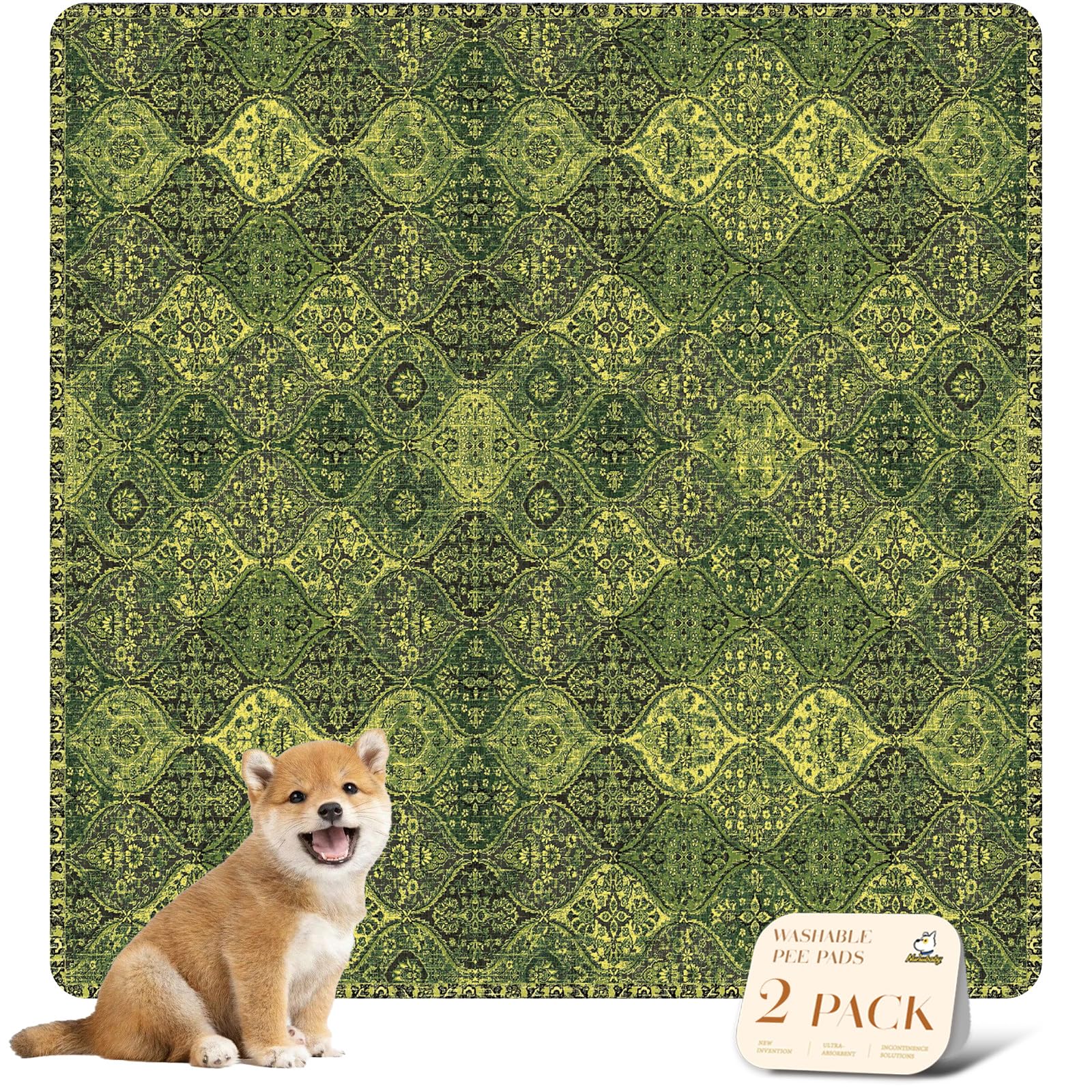nunubaby Washable Pee Pads for Dogs, Stylish, Non-Slip and Leak-Proof Pee Pads. Reusable Potty Pads for Dogs for Crates and Floors.(Green/Multi,36" x36" )
