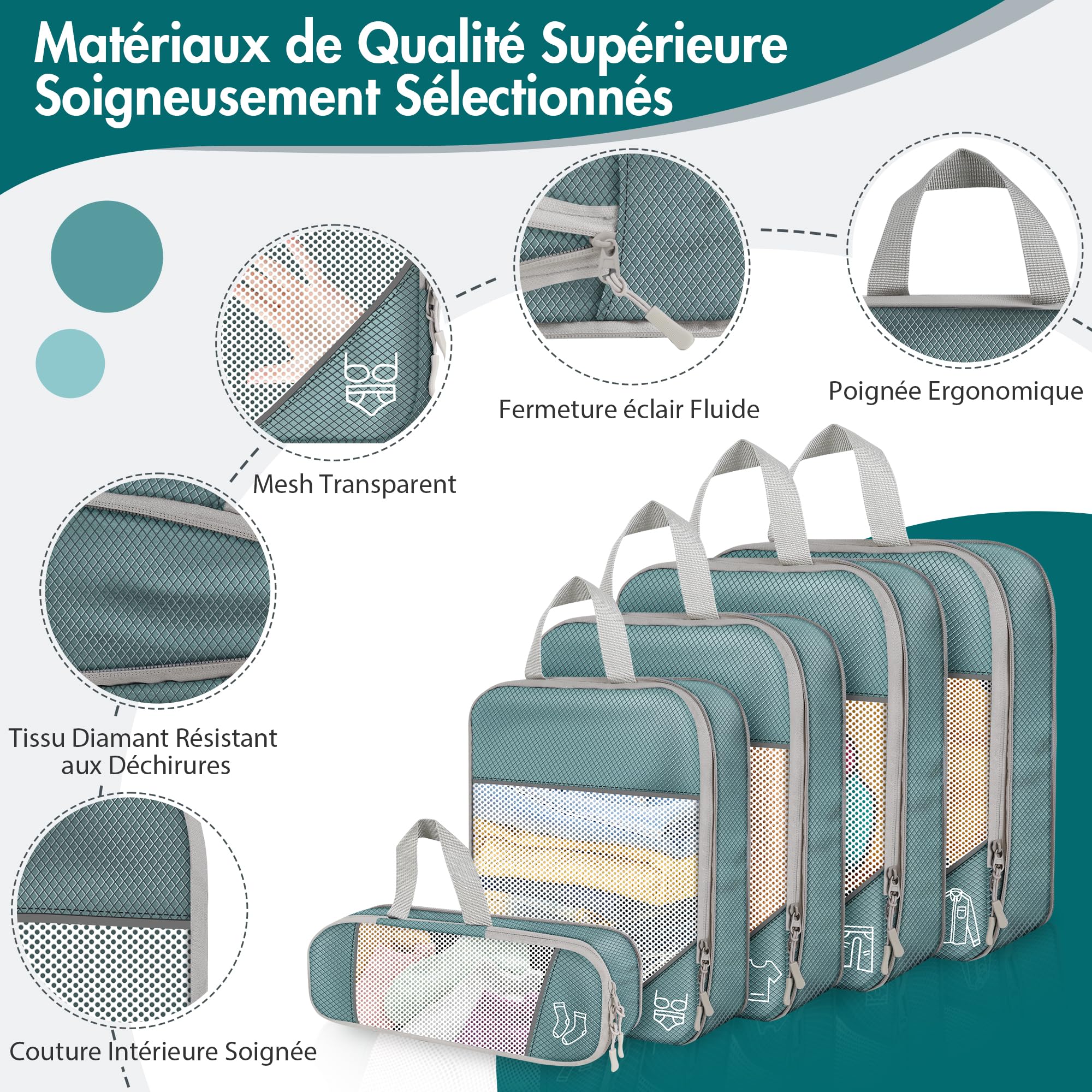 Lot de 10 Organisateurs de Valise à Compression, Packing Cubes Compression Gris, Pochettes de Rangement Voyage en Maille, Cubes de Bagage Multi-Tailles avec Sacs à Chaussures et Accessoires