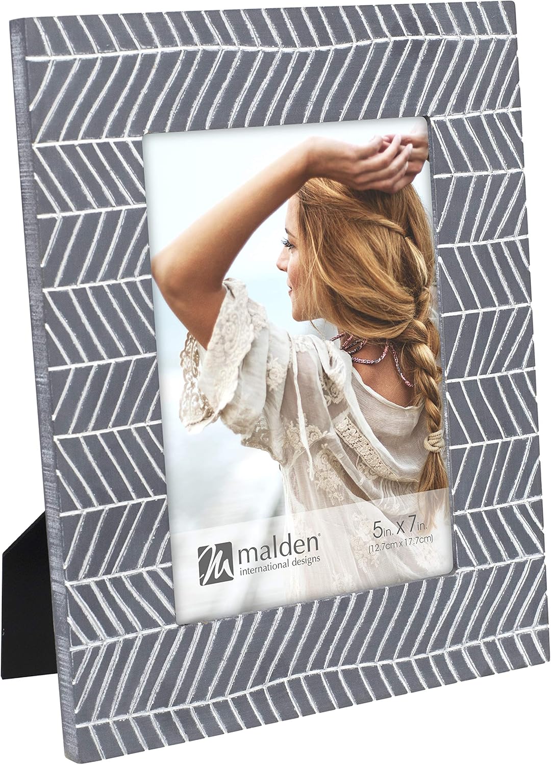 Malden International Designs 5x7 Patterned Picture Frame Quality Textured Pattern MDF Wood Dark Gray and White