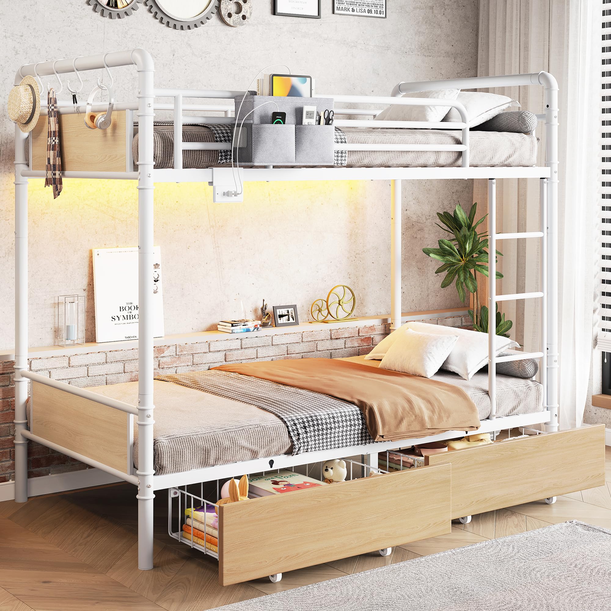 Jocoevol Metal LED Bunk Bed Twin Over Twin with 2 Storage Drawers, USB Charging Station, Industrial Bunkbeds Heavy Duty Bed with Safety Guardrail and