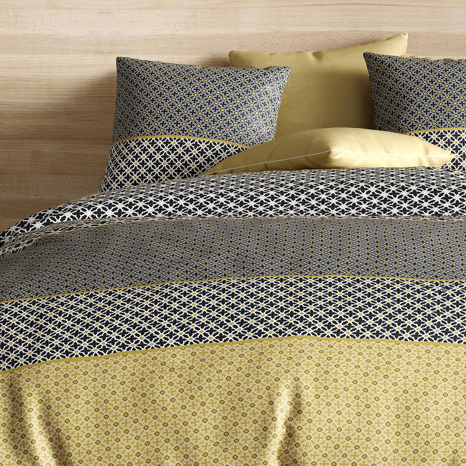 Les Ateliers du Linge - Parure Beho pour lit Double - Housse de Couette 260x240 et 2 taies d'oreiller 63x63 cm – 100% Coton 57 Fils - Motif imprimé