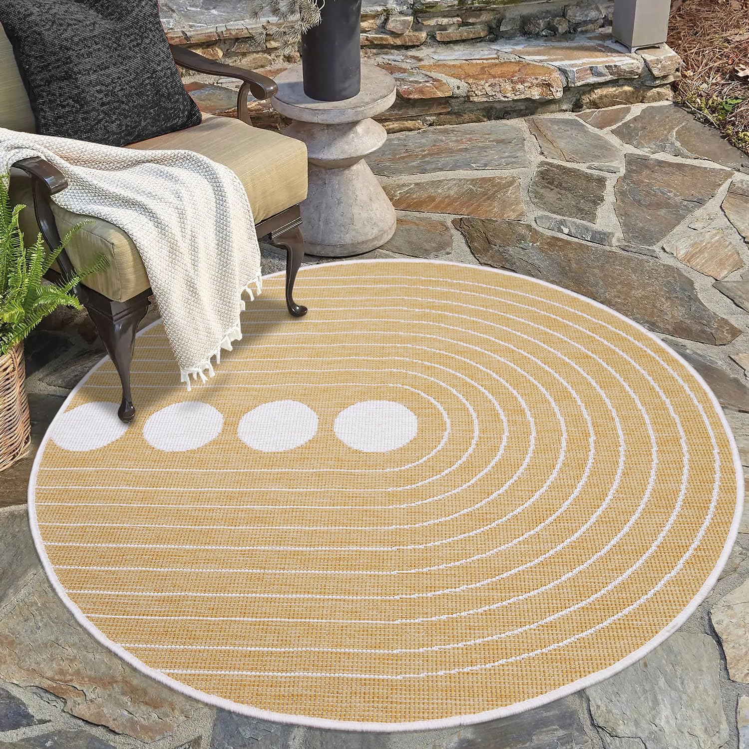Payé Tapis réversible Jaune ocre crème 160 x 160 cm Motif cercle Rond Résistant aux intempéries pour balcon, terrasse, intérieur salon cuisine