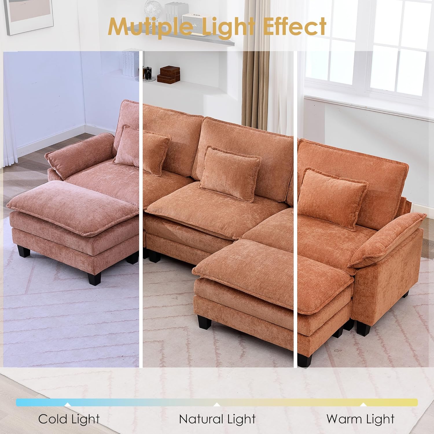 URRED Cloud Couch Modular Sectional Sofa, 122" Modern U Shaped Deep Seat Sofa with 2 Ottomans & Pillows, Ultra Comfy Chenille Couches for Living Room, Bedroom or Apartment, Orange