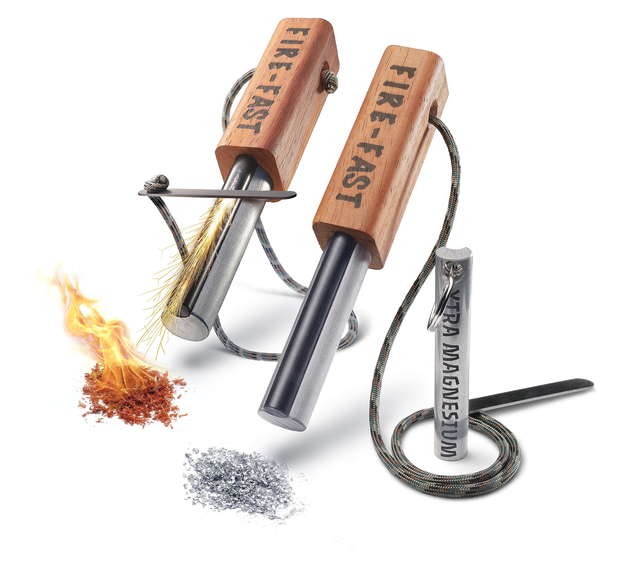 Fire-Fast Trekker Twin Feuerstarter mit Magnesiumstab, 2 Stück, inkl. Bonus Magnesiumstab, für Bushcraft, Camping, Wandern & Notfälle