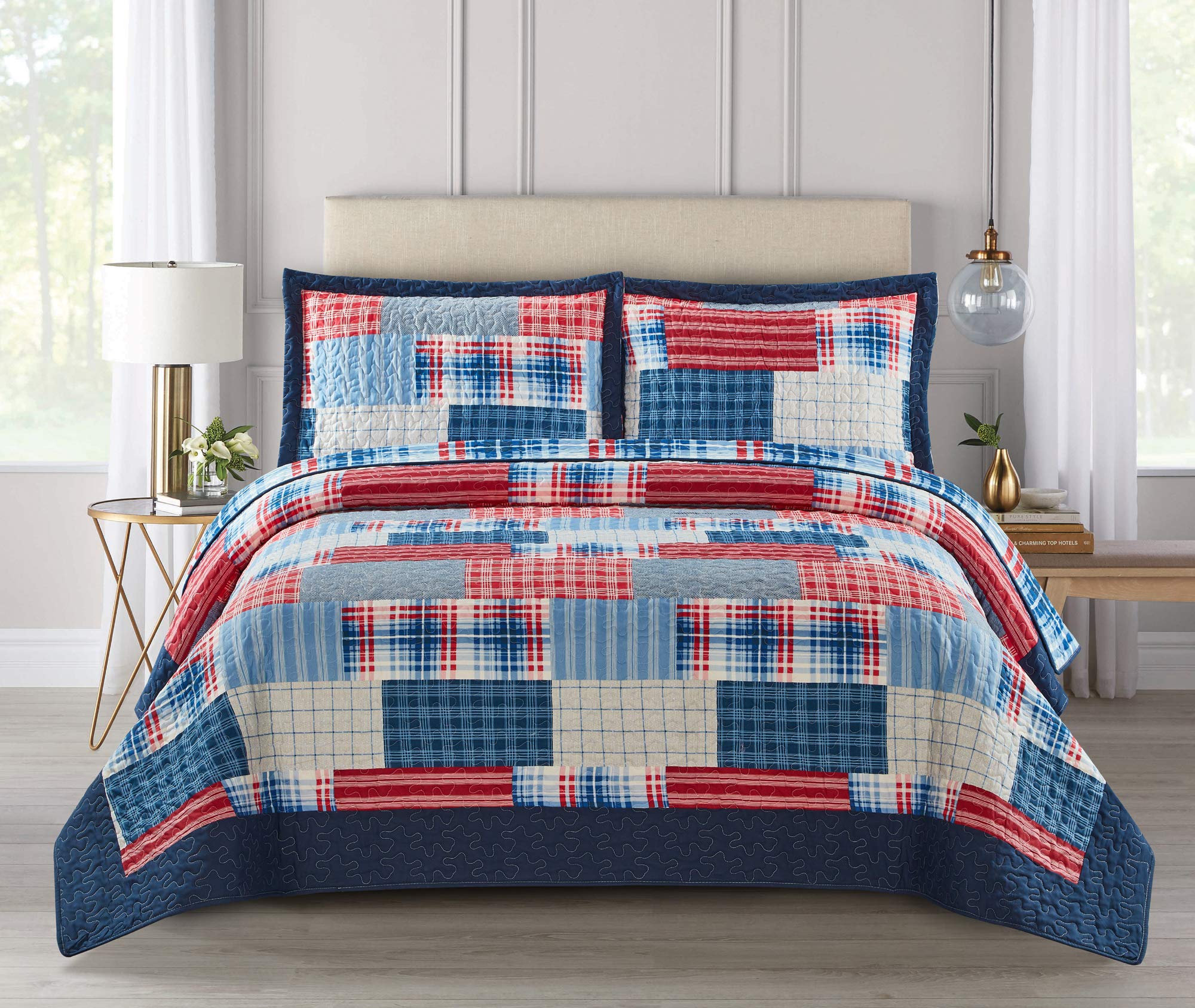 Householdfurnishing 3 Piece Printed Patchwork Bedspread Quilted Bed Throw Comforter with Pillow Shams (Check Denim Red, Double)