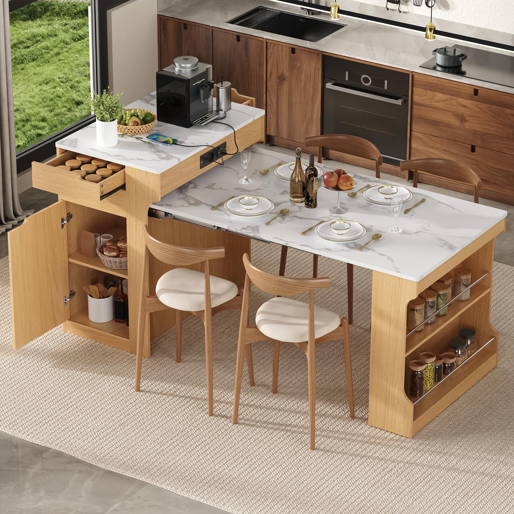 Mesa de comedor extensible con regletas y cajones integrados