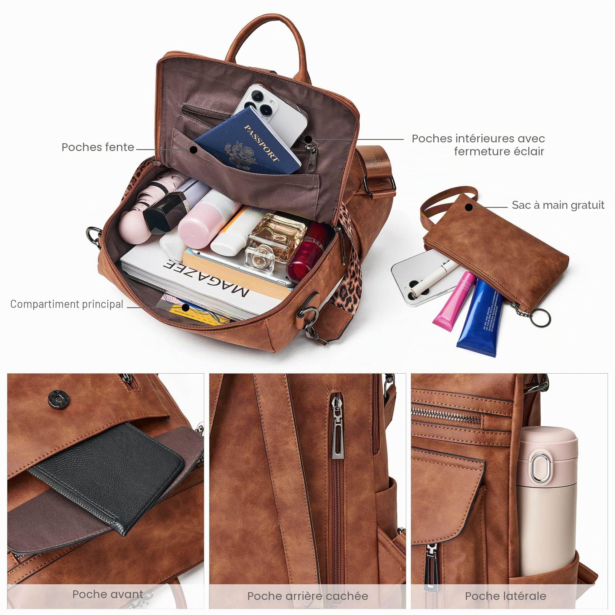 Shrrie Sac à dos pour femmes, sacs à main portés en cuir PU, élégant sac à dos anti-vol étanche convertible avec bandoulière amovible pour le travail Voyage Collège Gif