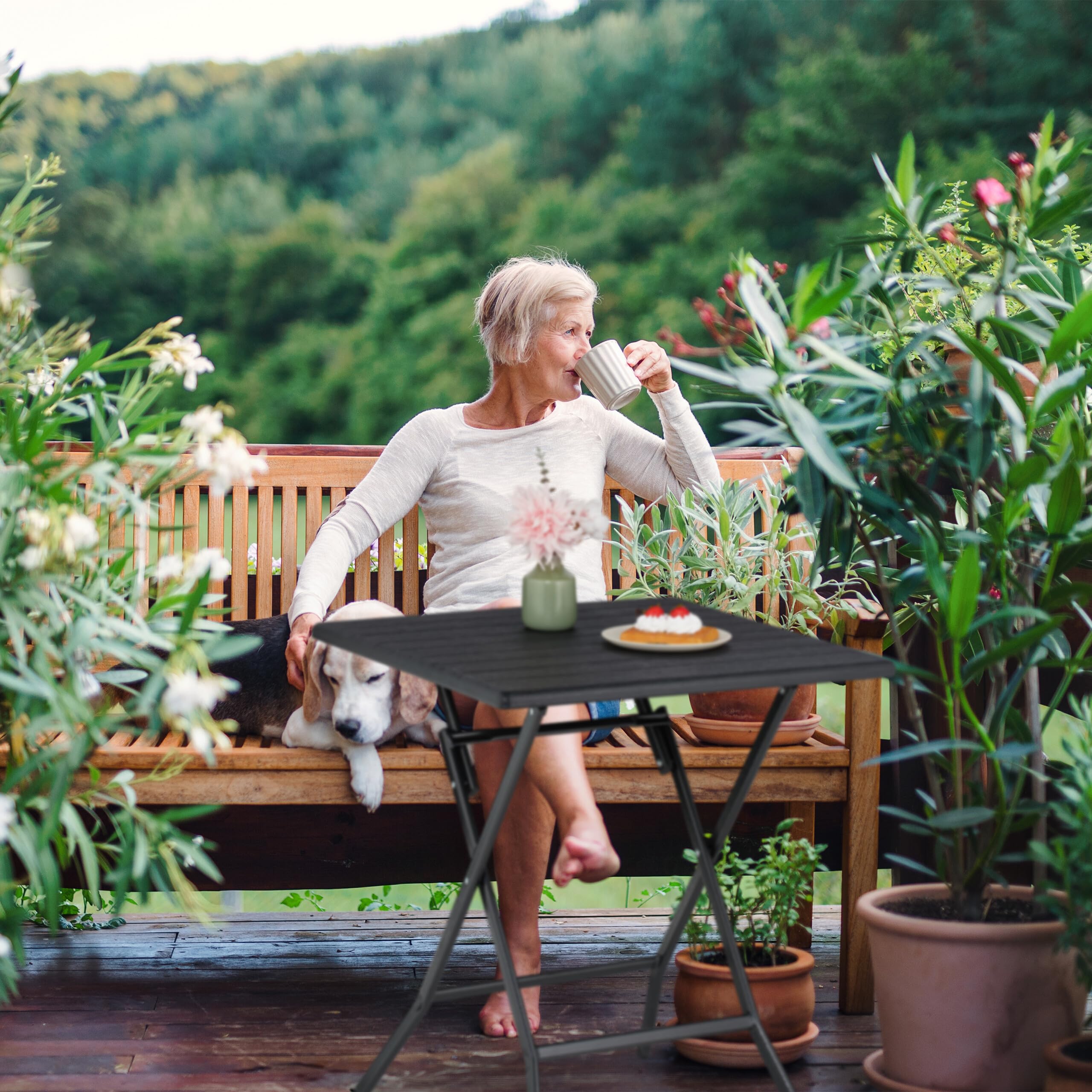 Relaxdays Tavolo Pieghevole da Giardino 73x62x62 cm Nero Effetto Legno