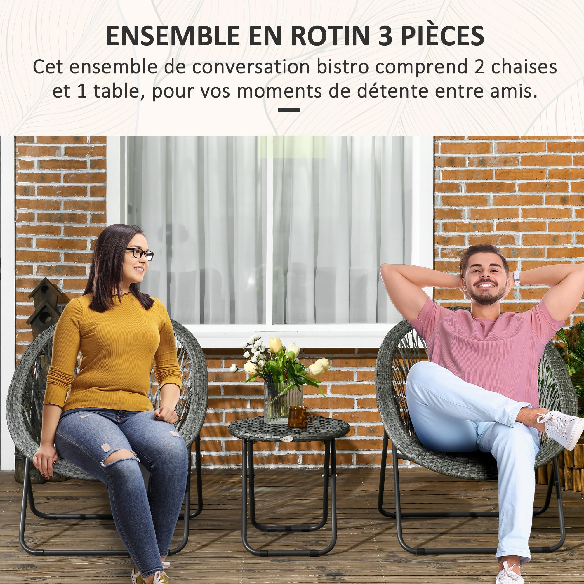 Outsunny Salon de Jardin extérieur résine Ensemble Table et chaises 2 Personnes Pliables Acier Gris