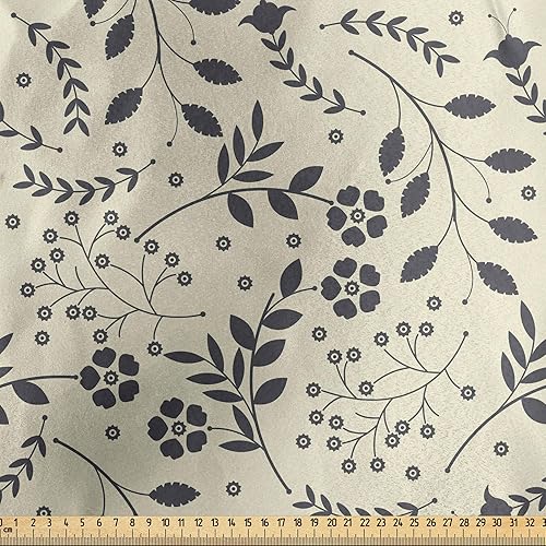 Miniatura 2 de Ambesonne Floral Fabric by The Yard, Spring Flowers with Curled Leafy Branches Blooming Flora Concept, Decorative Satin Fabric for Home Textiles and