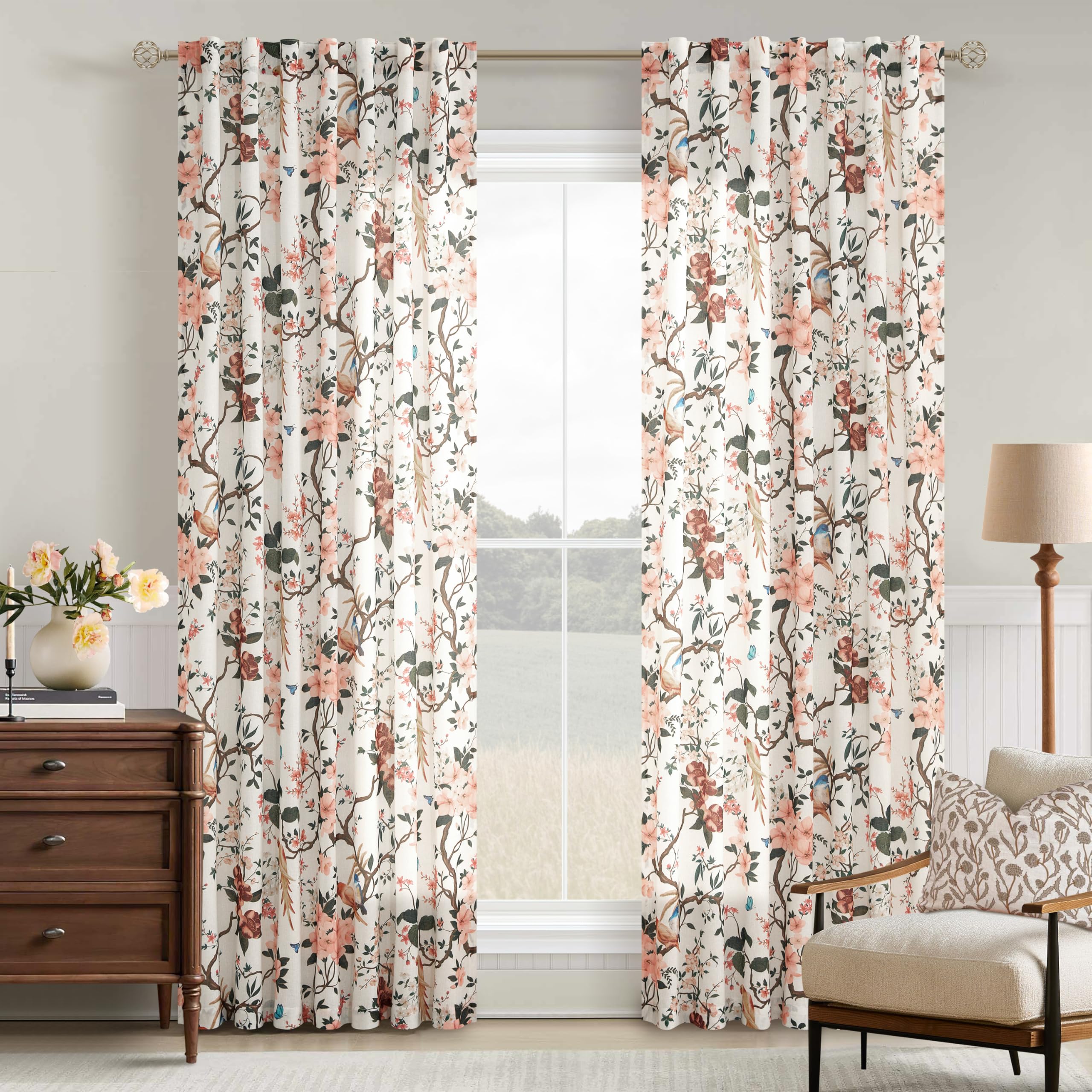 Beige White and Pink Floral Birds Linen Curtains 84 Inches Long 2 Panels | Back Tab,Pink Flower,Vintage Farmhouse,Semi Sheer,Cream,Green Leaf Print,Light Filtering,Window Drapes,for Dining Room