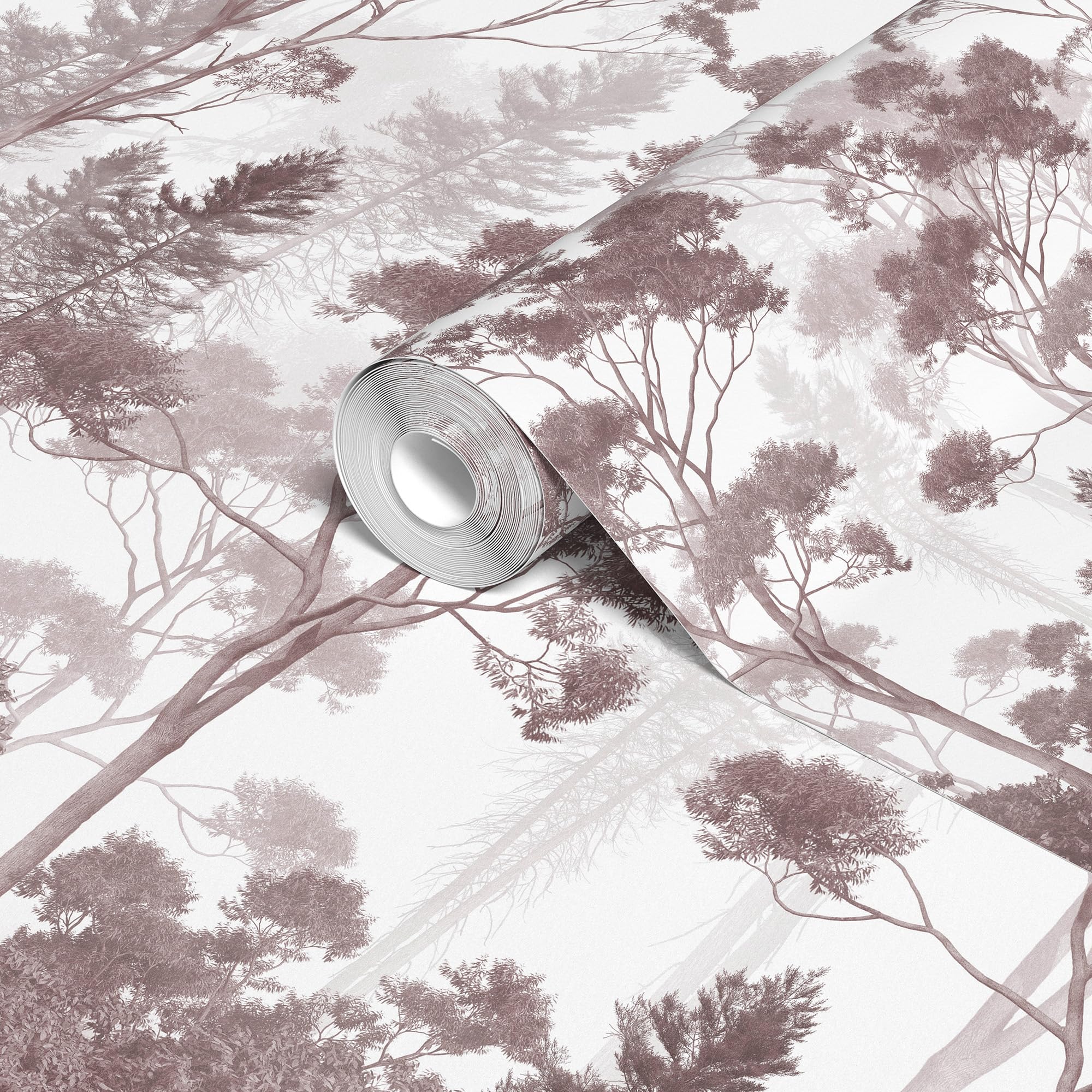 Fototapeta samoprzylepna z lasem mgiełkowym drzewami nowoczesny róż | Folia samoprzylepna Japandi krajobraz skandynawski elegancki naturalny fototapeta do salonu sypialni biura 350x250 cm