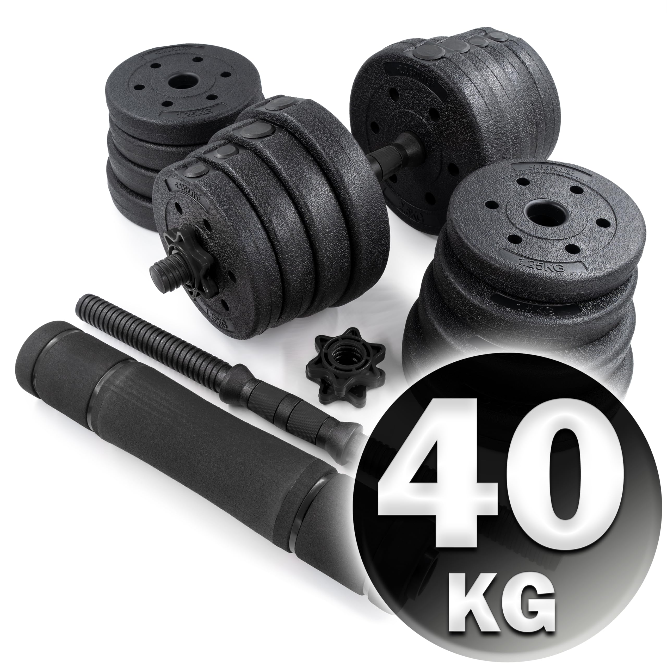 C.P.Sports 2in1 Juego de mancuernas y barras de 30kg | 4x 1,25kg - 4x 1,5kg - 4x 2,0kg - 4x 2,5kg pesas - 2x mangos | Placas de plástico para entrenamiento con pesas, fitness, gimnasio en casa | 4 colores