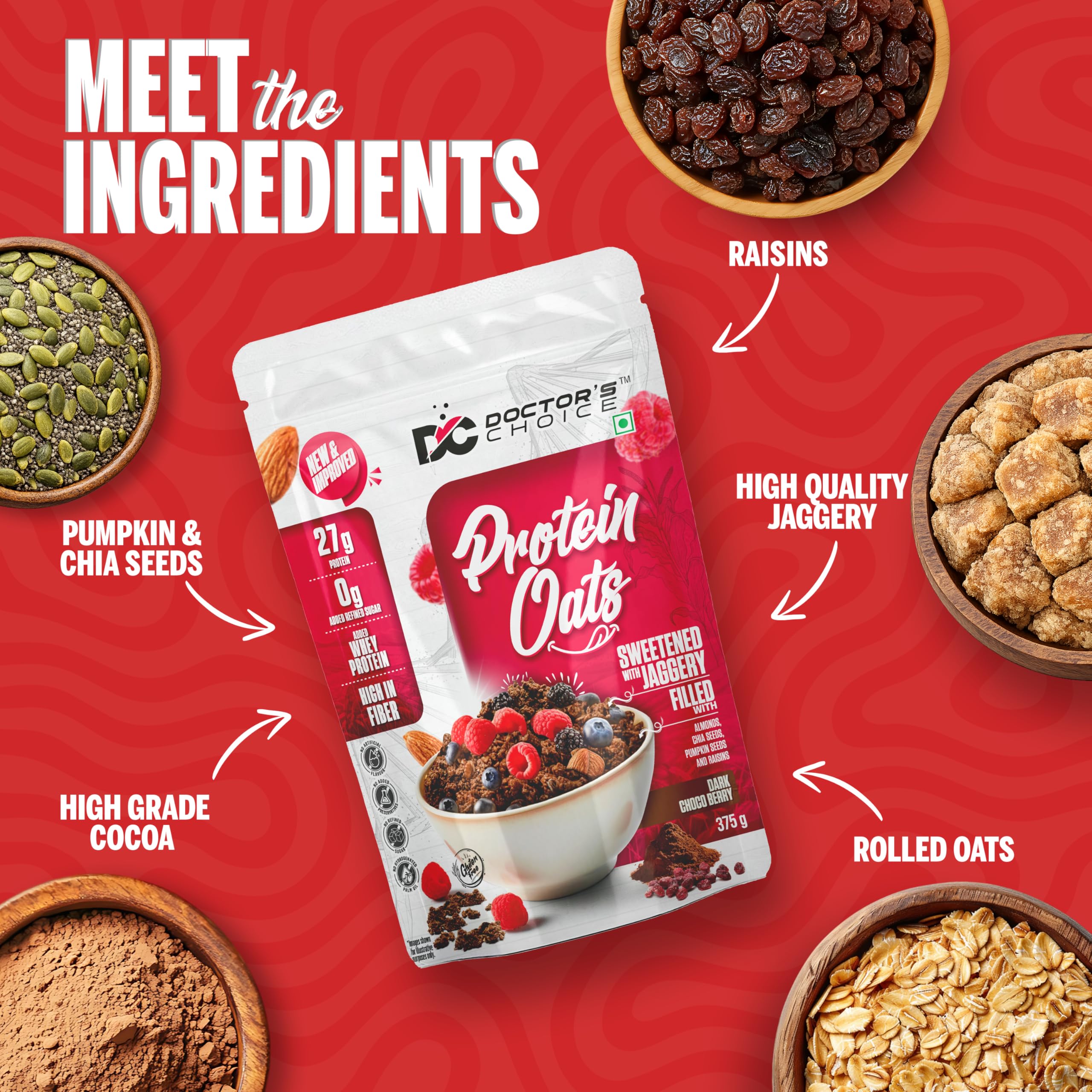 Doctors Choice High Protein Oats 375g | 27g Protein Oatmeal | Dark Choco Berry Flavor | No Added Sugar | Gluten Free | High Fiber Healthy Breakfast Oats 4