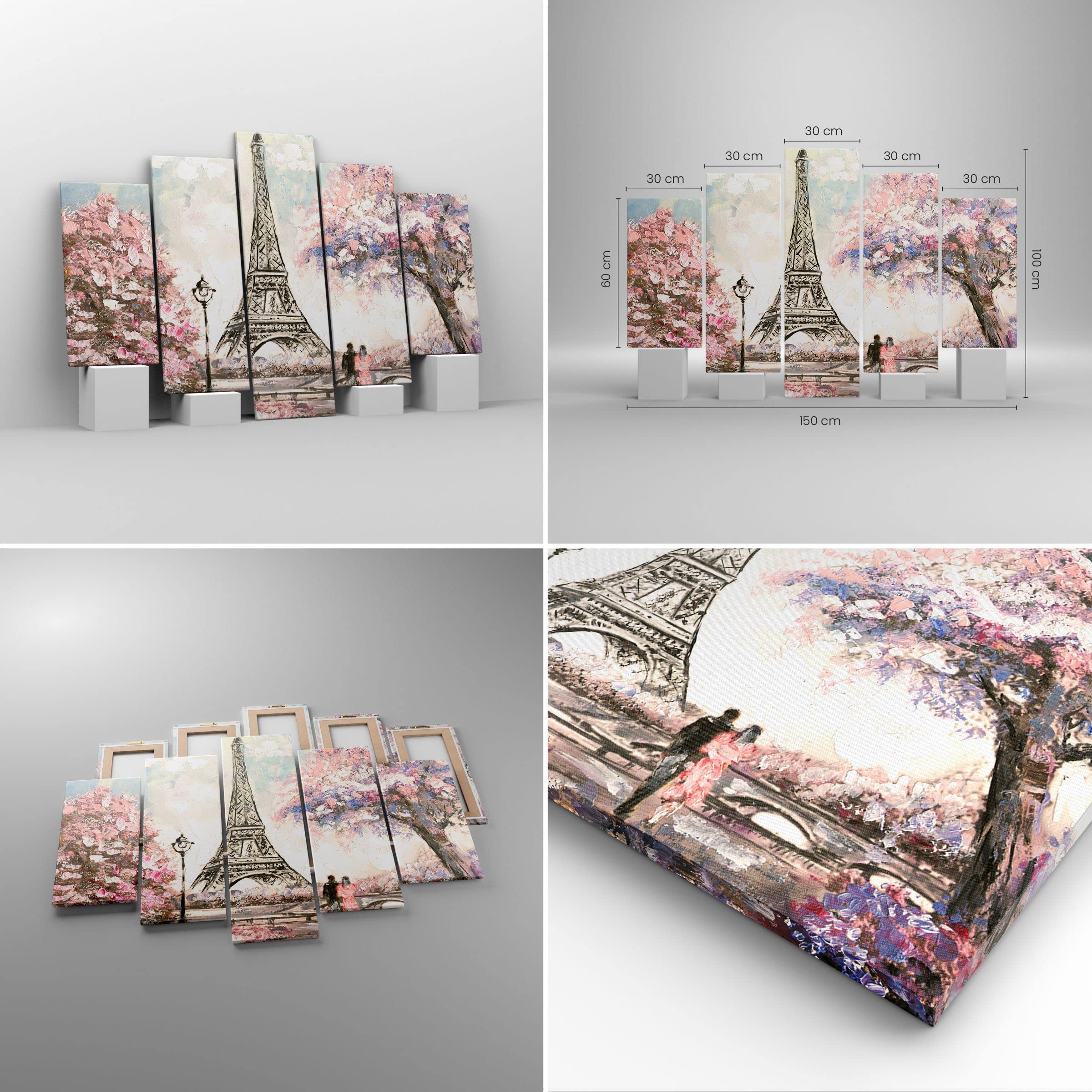 Bilder auf Leinwand 150x100cm Leinwandbild Bäume Eiffle Paar Frankreich Groß XXL Wanddeko Bild Schlafzimmer Set 5 teilige Wandbilder Dekoration Wohnzimmer Canvas Wand Kunstdruck Art EA150x100-3147