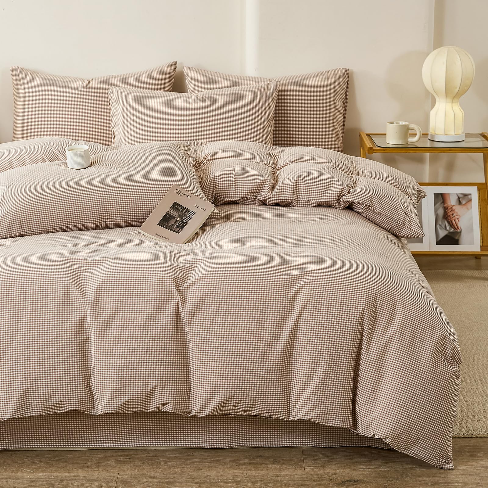 Plaid Duvet Cover Set Washed Cotton,Queen(90"x90"),Mini Gingham - Tan