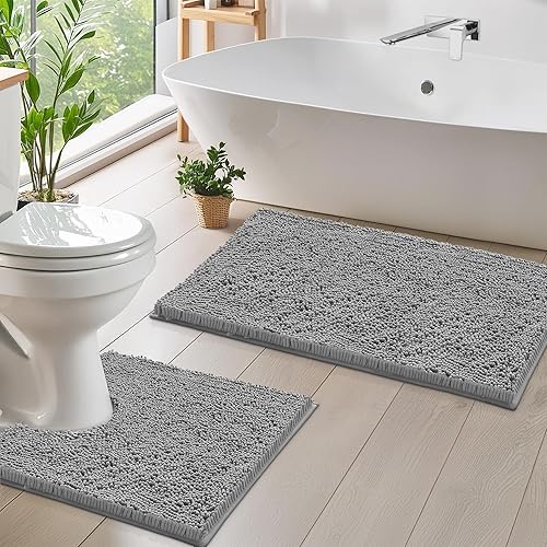 Miniatura 1 de LuxUrux - Juego de 2 tapetes de baño de felpilla, tapete antideslizante para tina y tapete para inodoro, de microfibra peluda de 1 pulgada, súper